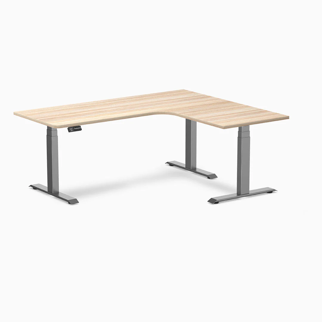 Desky L-Shape Melamine Sit Stand Desk 180cm - Right Return Classic Oak Top and Space Grey Leg - Image 3