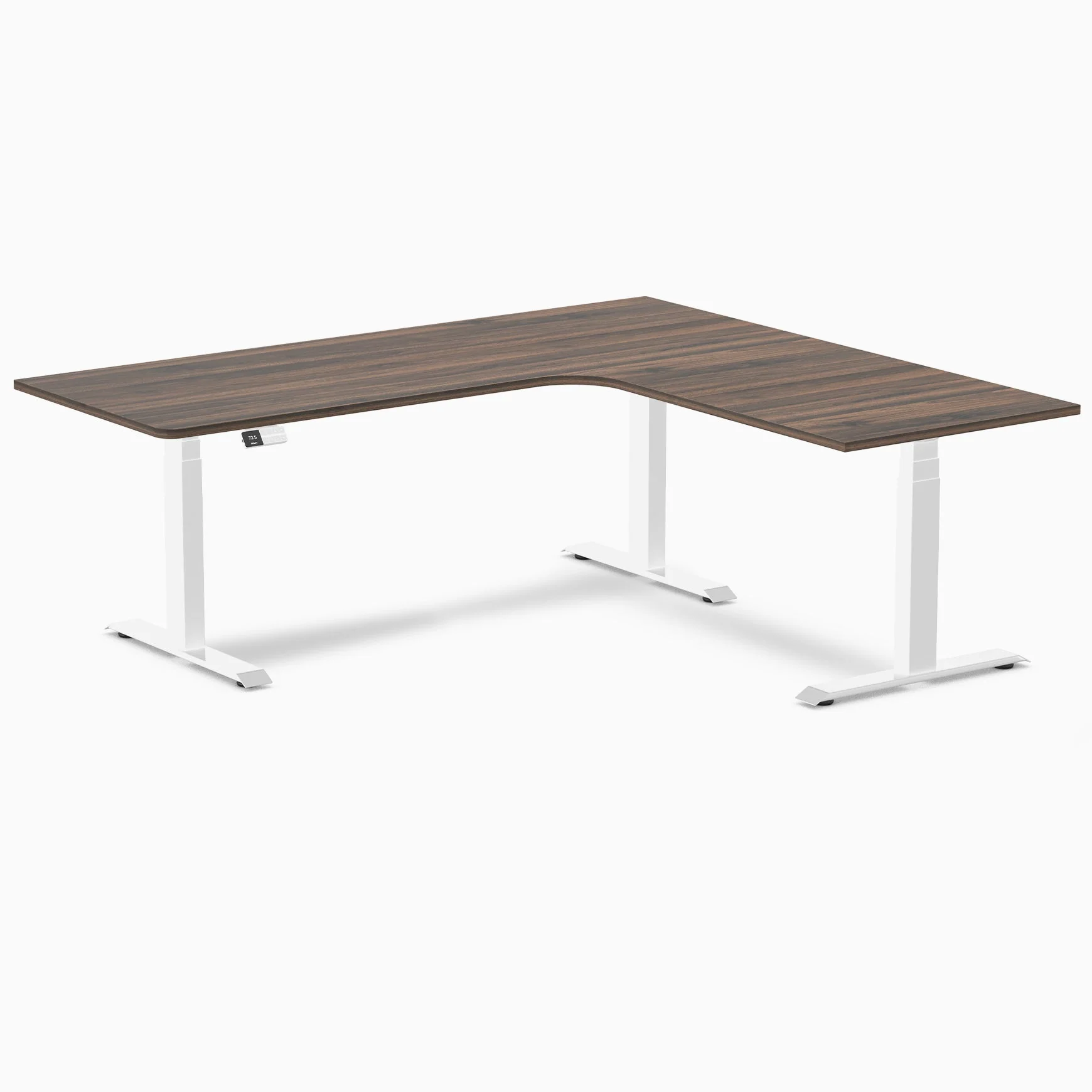 Desky L-Shape Melamine Sit Stand Desk 200cm - Left Return Jarrah Legno Top and White Leg