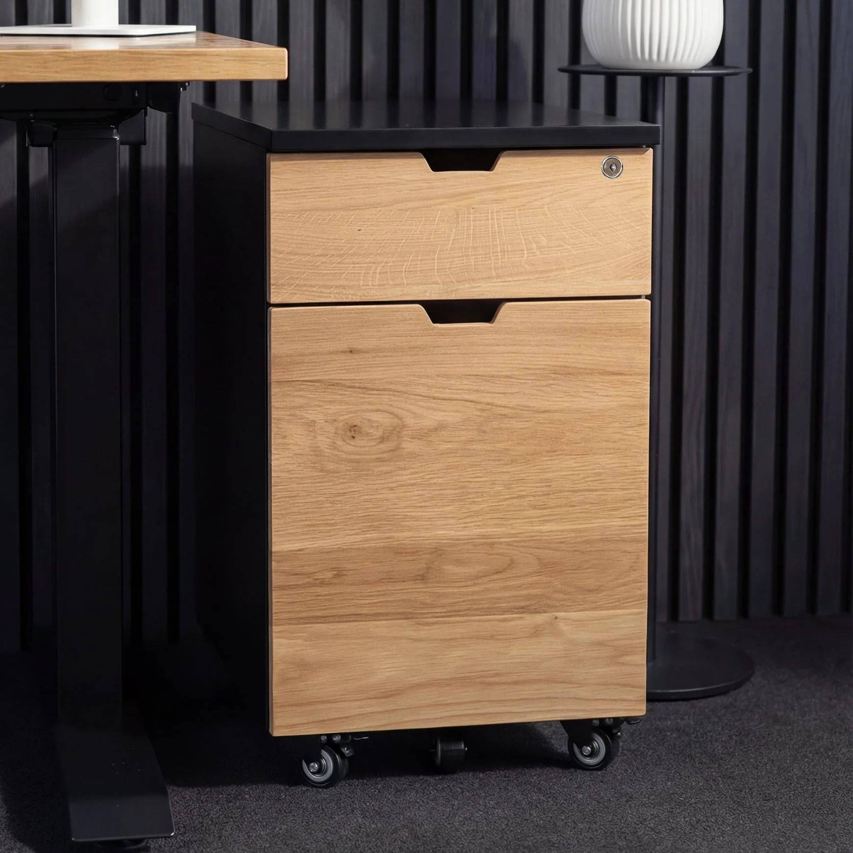 Desky Minimal Wooden Filing Cabinet - Black / Hardwood Teak - Image 2