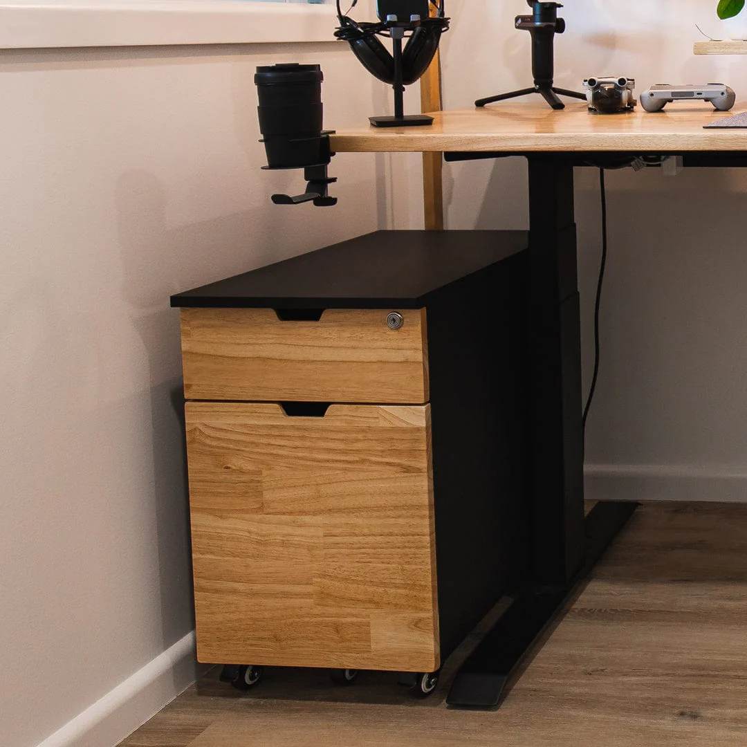 Desky Minimal Wooden Filing Cabinet - Black / Rubberwood Light Oak - Image 5