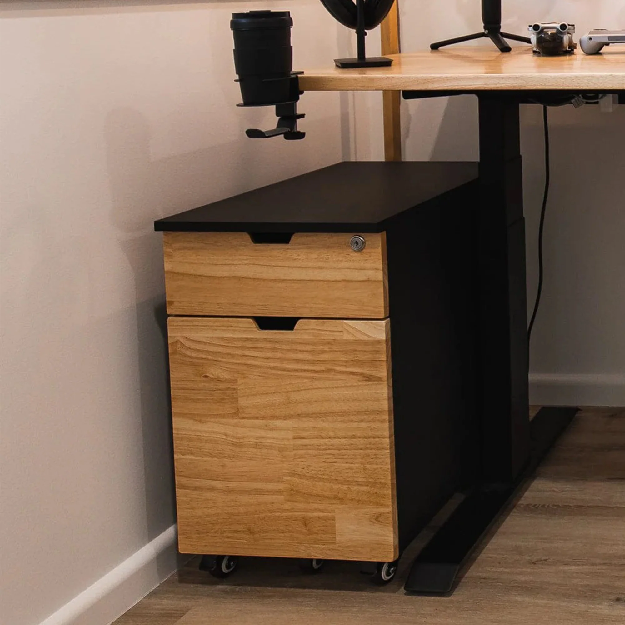 Desky Minimal Wooden Filing Cabinet - White / Melamine Natural Walnut - Image 5