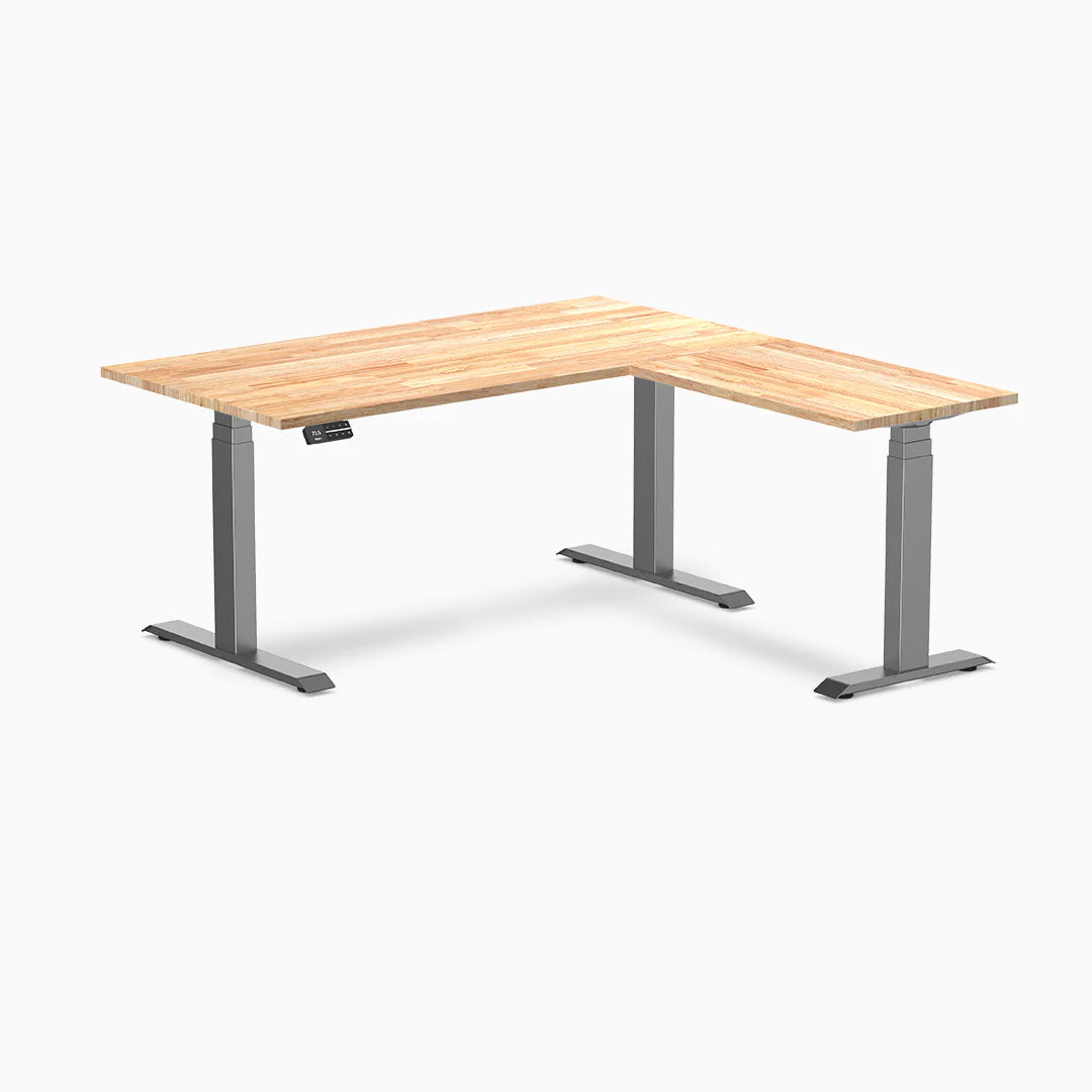 Desky Rubberwood L-Shape Sit Stand Desk 150 x 155 cm Natural Timber Top and Space Grey Leg - Image 3