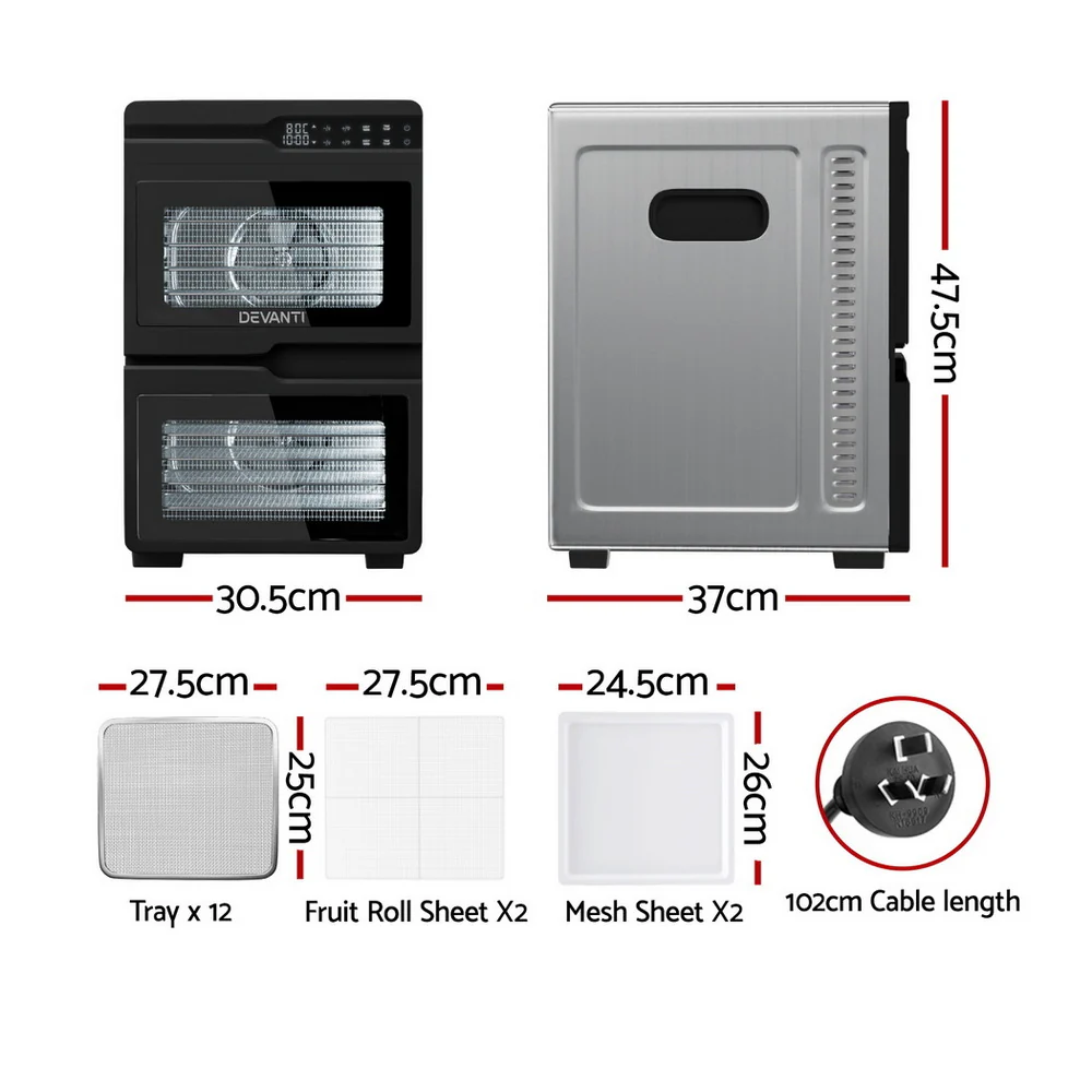 Devanti 12 Trays Food Dehydrator Dual-Zone Stainless Steel Fruit Jerky Dryer - Image 2