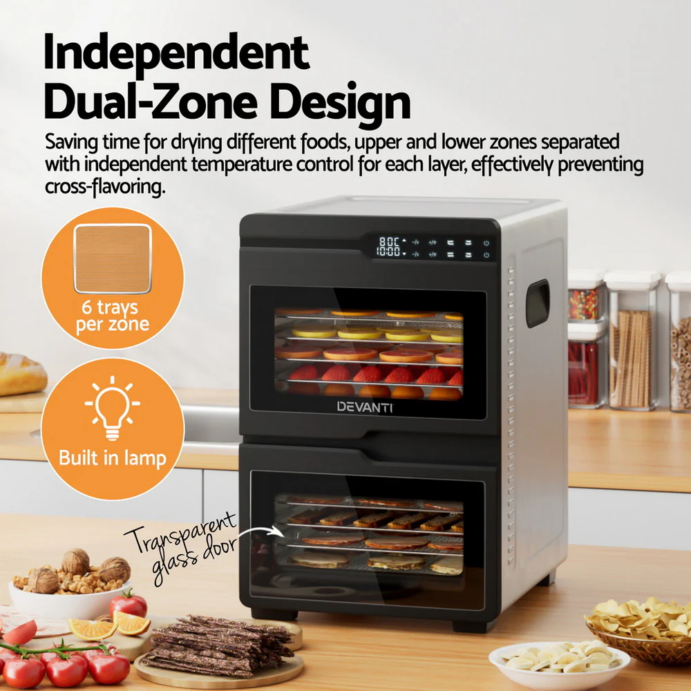 Devanti 12 Trays Food Dehydrator Dual-Zone Stainless Steel Fruit Jerky Dryer - Image 4