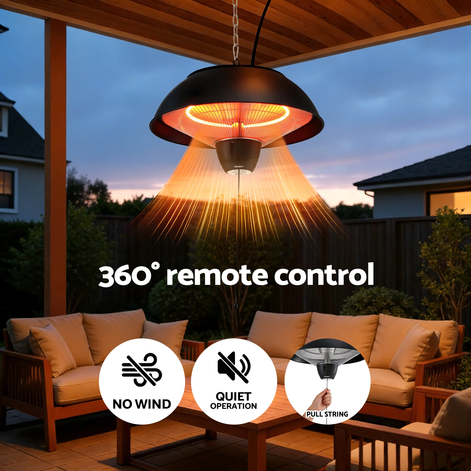 Devanti 1500W Electric Patio Infrared Heater Hanging Heaters Ceiling Mounted Remote - Image 4