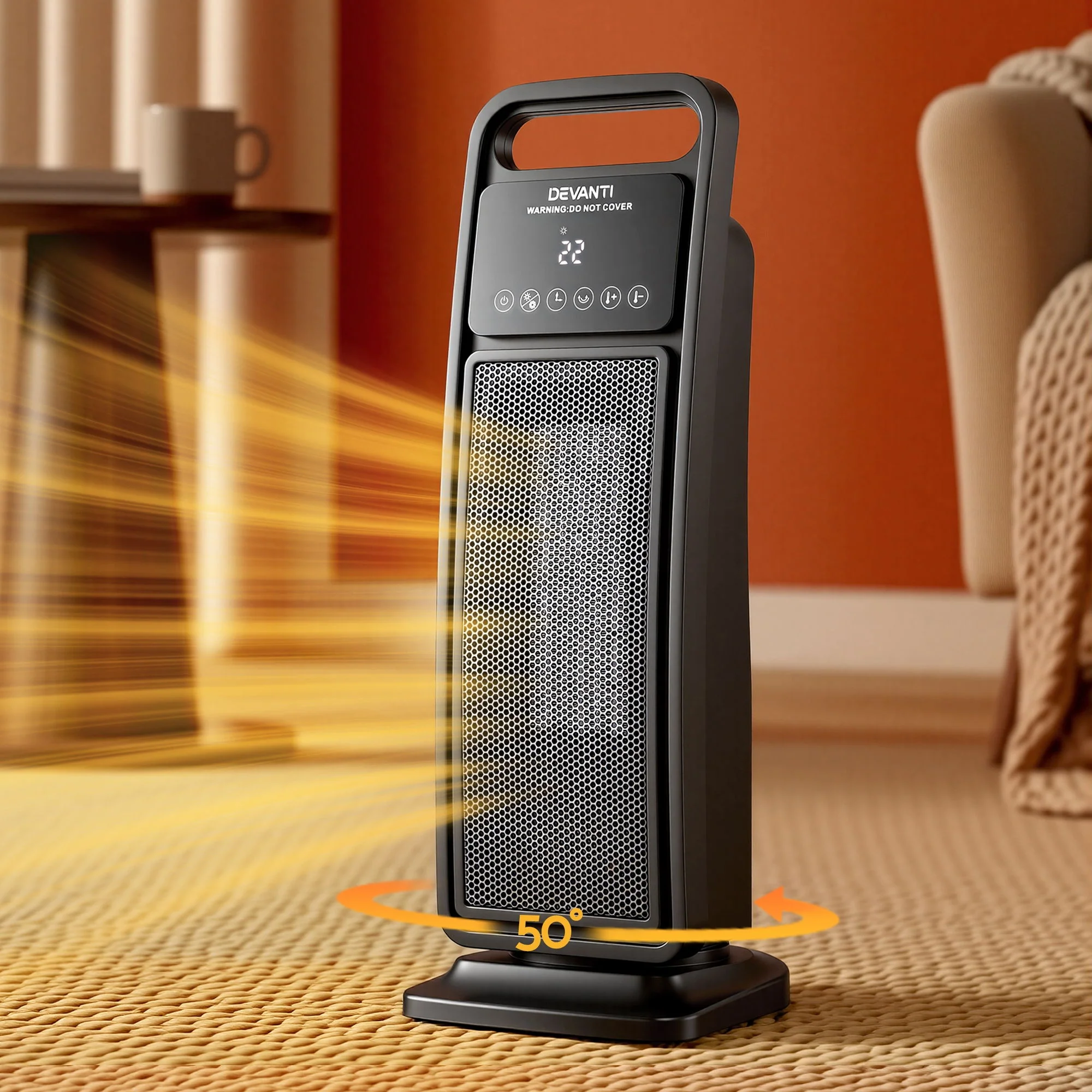 Devanti 2000W Ceramic Tower Heater Space Heaters Indoor Oscillating Black - Image 2
