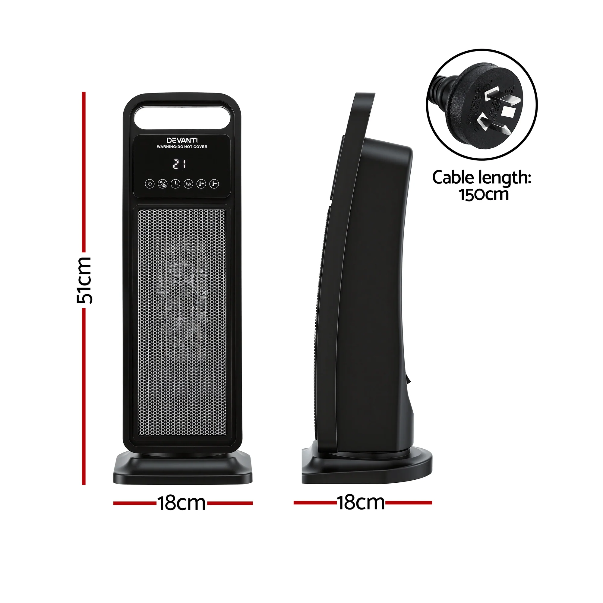 Devanti 2000W Ceramic Tower Heater Space Heaters Indoor Oscillating Black - Image 3
