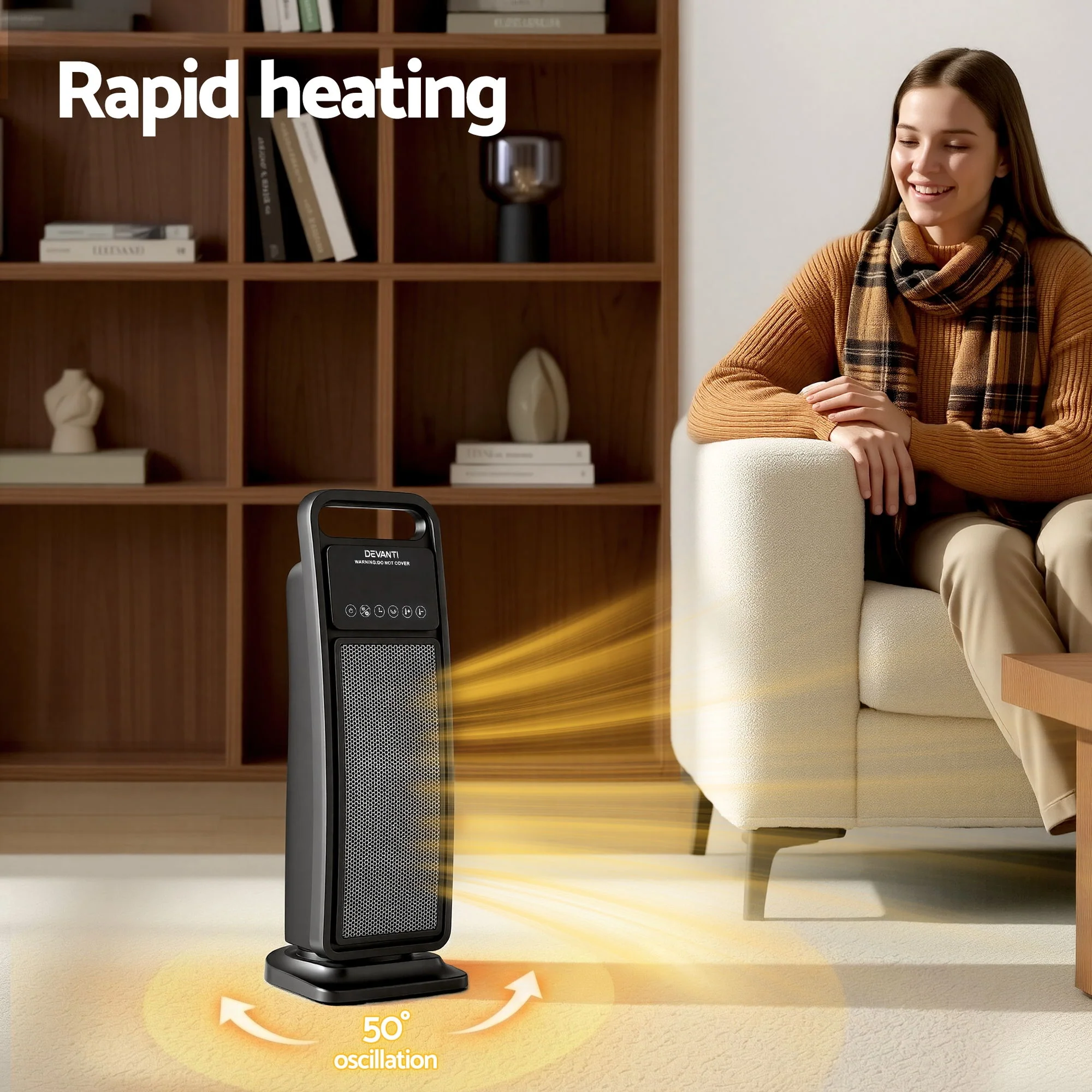 Devanti 2000W Ceramic Tower Heater Space Heaters Indoor Oscillating Black - Image 5