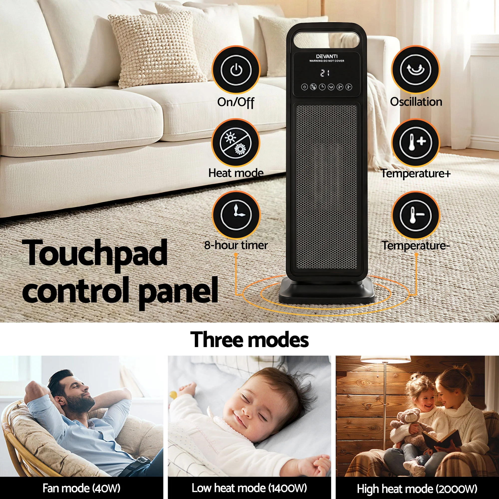 Devanti 2000W Ceramic Tower Heater Space Heaters Indoor Oscillating Black - Image 6