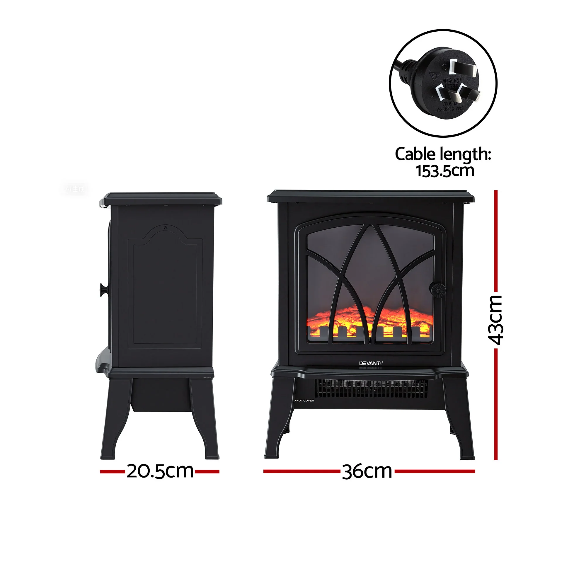 Devanti 2000W Electric Fireplace Heater Stove Freestanding 3D Flame Effect Indoor Space Heaters - Image 2