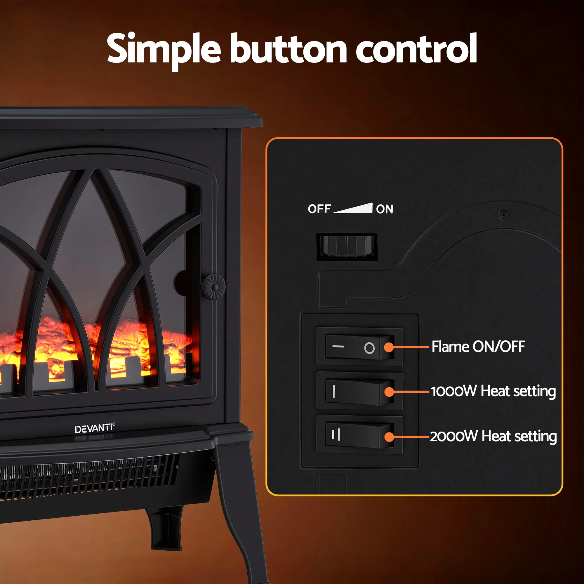Devanti 2000W Electric Fireplace Heater Stove Freestanding 3D Flame Effect Indoor Space Heaters - Image 5