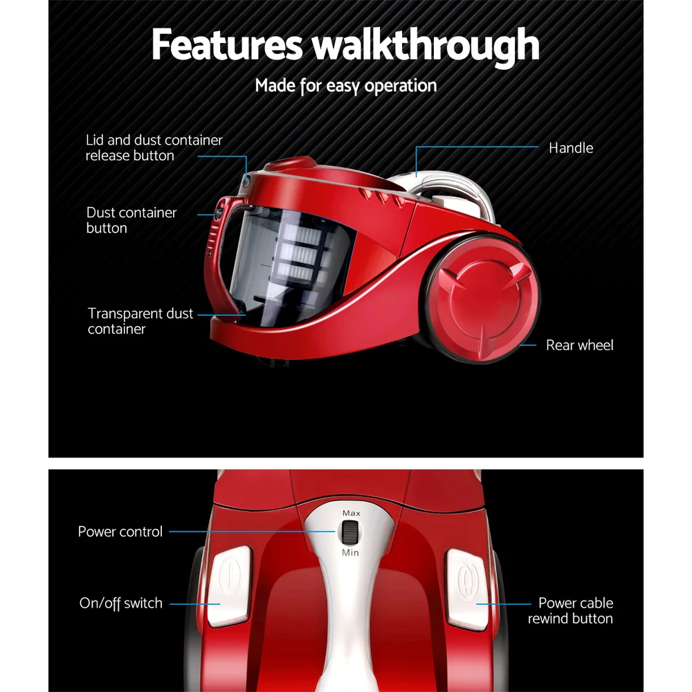 Devanti 2200W Multi-cyclonic Bagless Vacuum Cleaner Pet Hair (Red) - Image 4