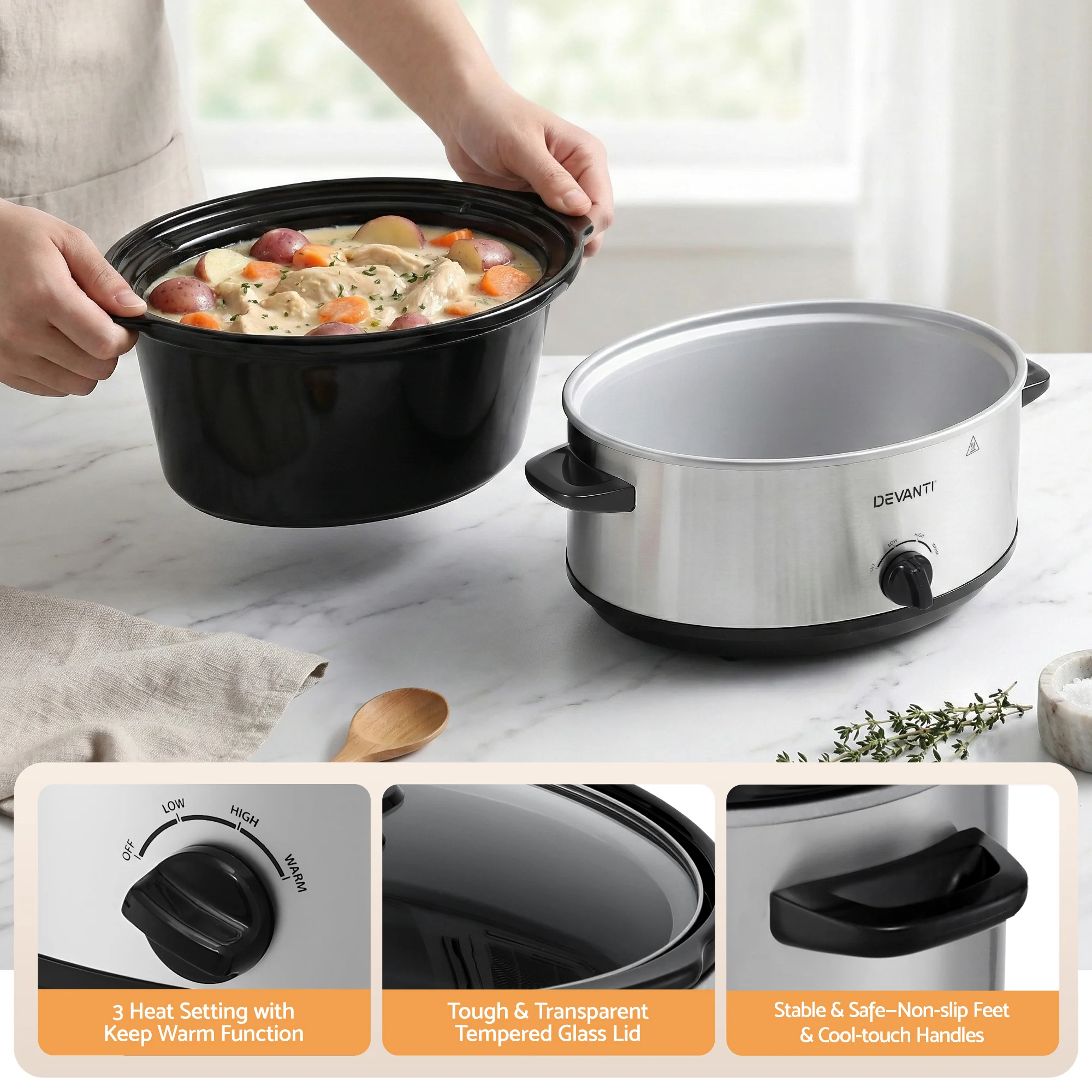 Devanti 6.5L Slow Cooker Electric Multi Cooker with 3 Heat Settings and Keep Warm Function - Image 8