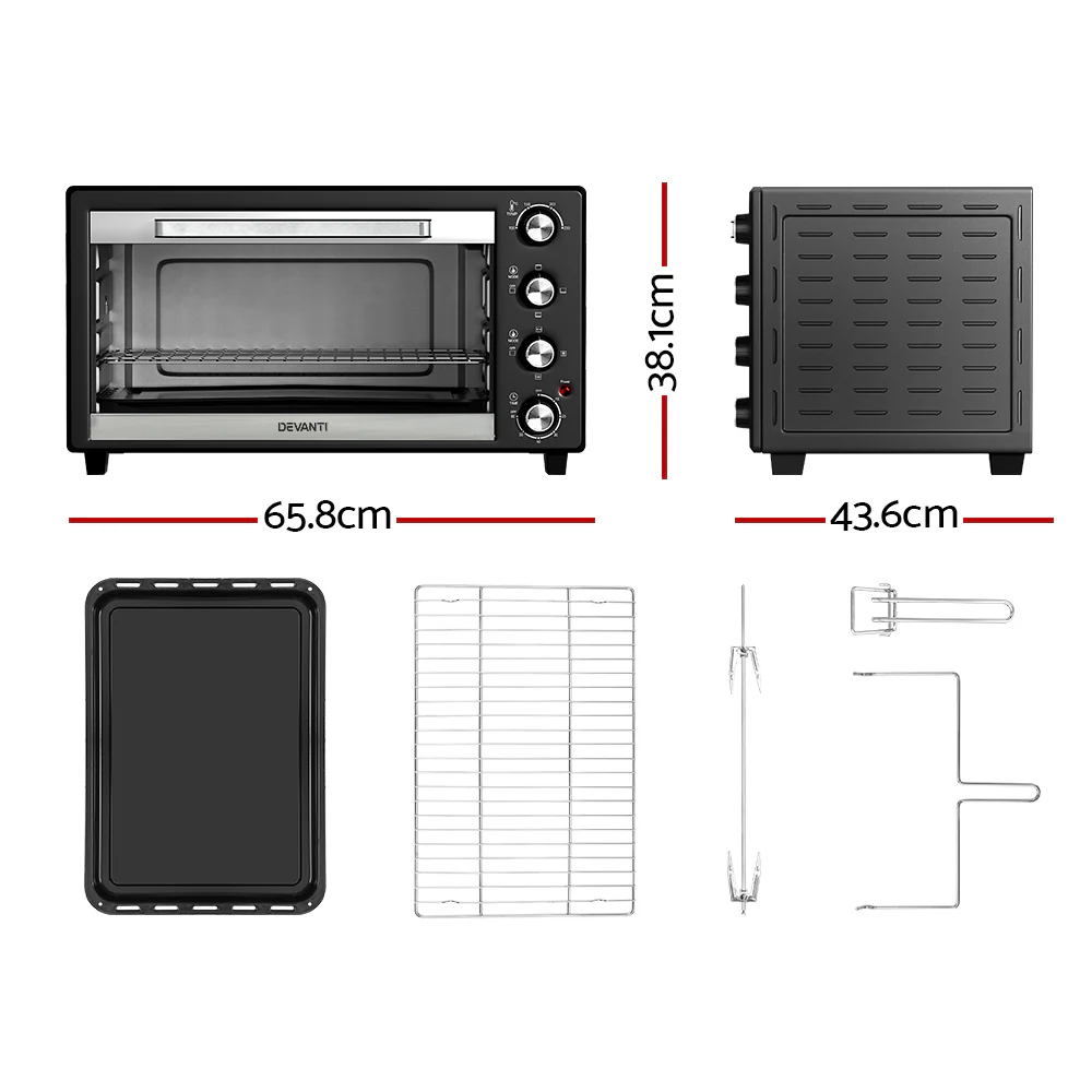 Devanti 60L Convection Oven Electric Fryer Ovens 2000W - Image 2