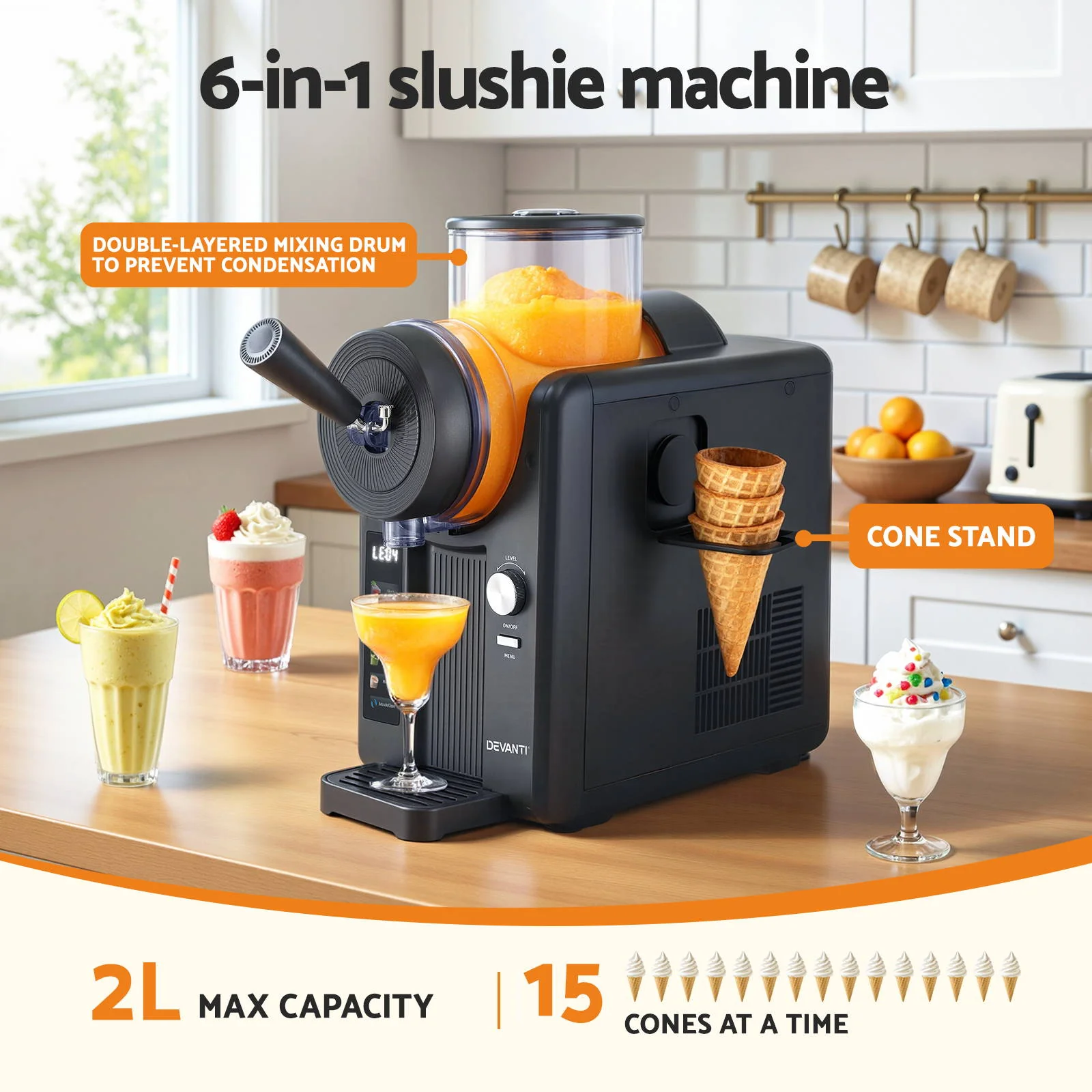 Devanti 6in1 Slushie Machine Ice Cream Maker 2L Frozen Smoothies Milkshakes (Black) - Image 4