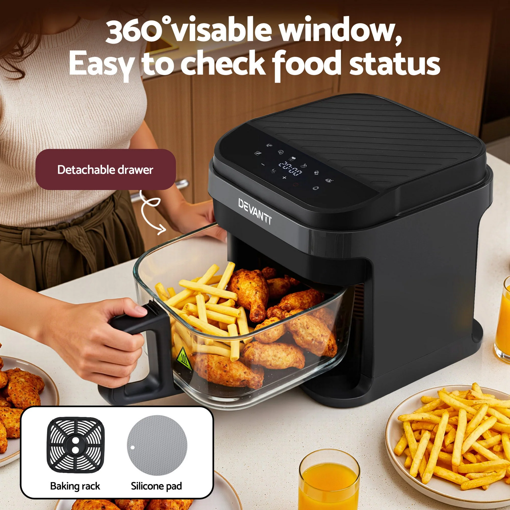 Devanti Air Fryer 5.5L Touch Control Electric Cooker 1200W Black - Image 4