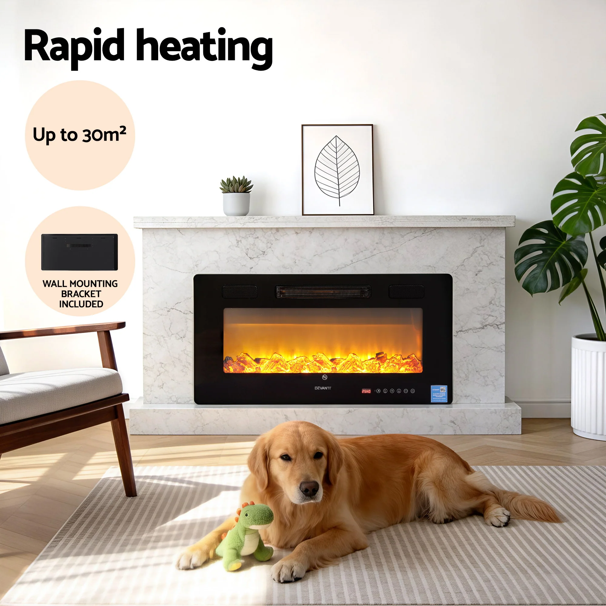 Devanti Electric Fireplace Fire Heater Wall Mounted Insert 3D Flame 1800W Remote Control - Image 4