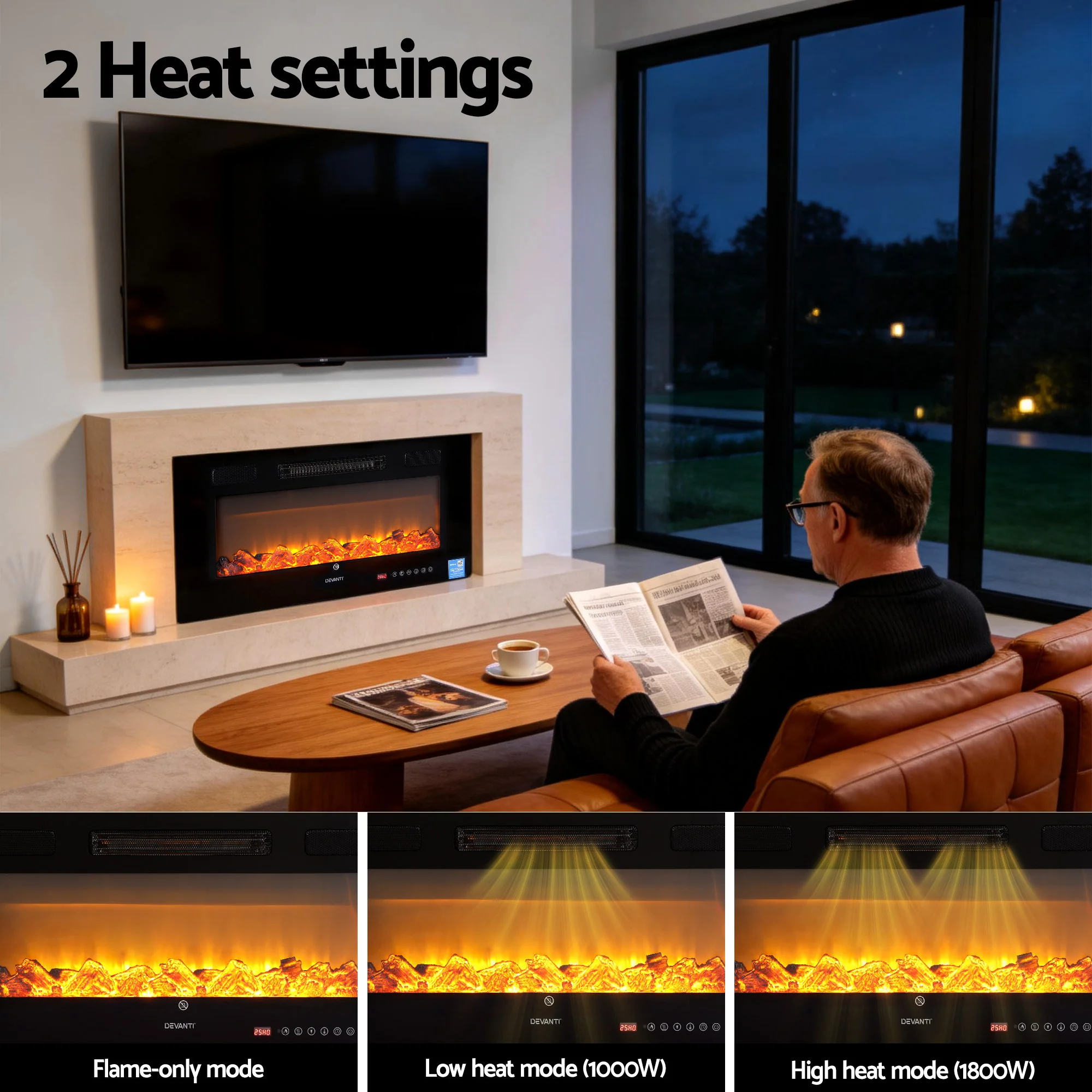 Devanti Electric Fireplace Fire Heater Wall Mounted Insert 3D Flame 1800W Remote Control - Image 6