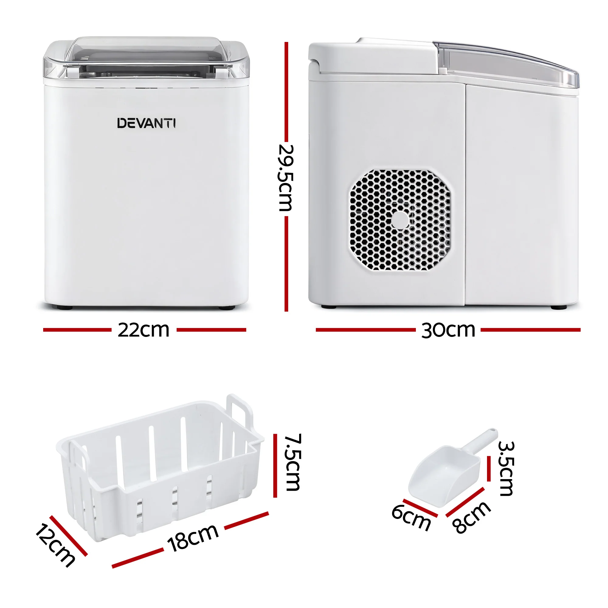 Devanti Ice Maker Machine Portable 12kg Countertop with Self-cleaning 1.2L (White) - Image 2