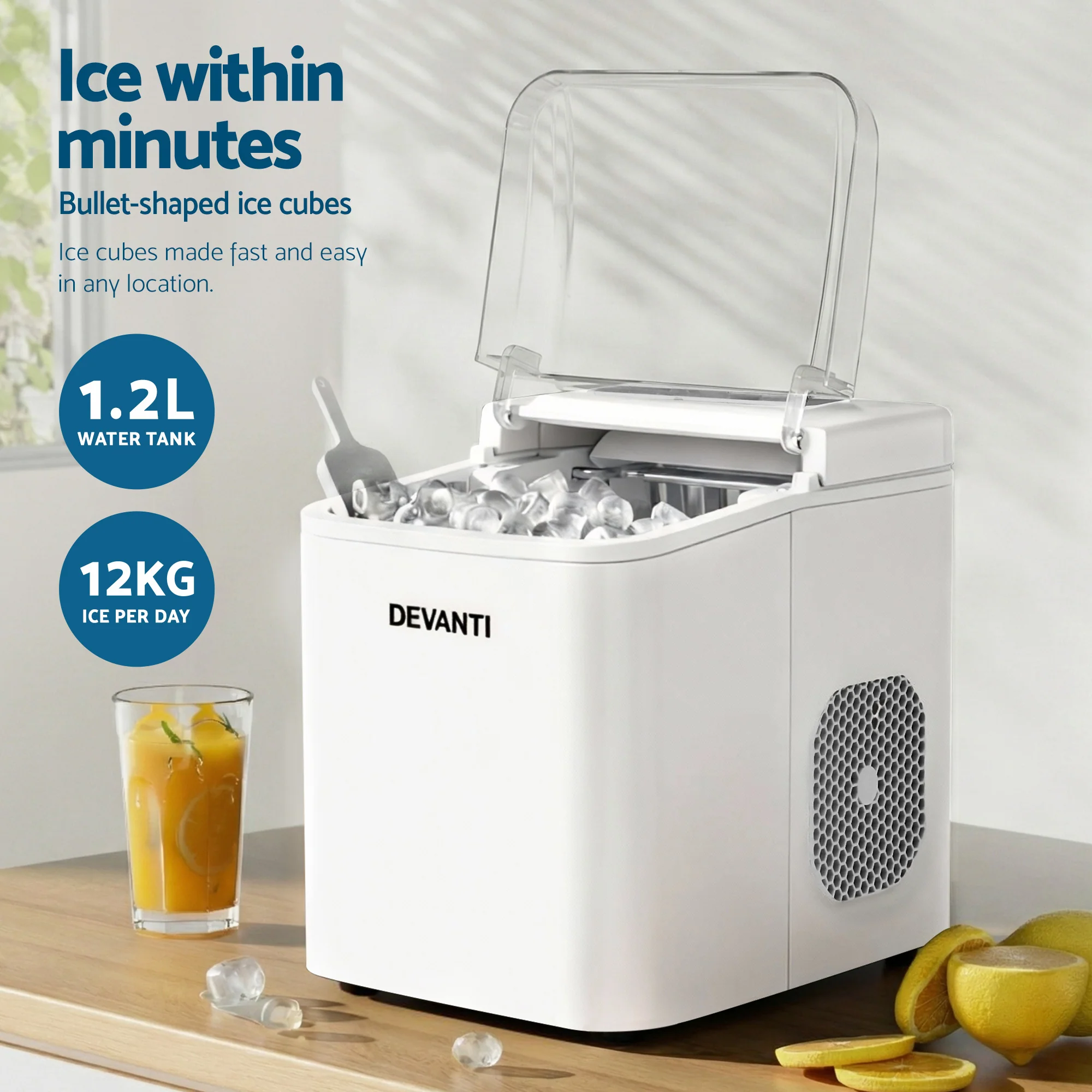 Devanti Ice Maker Machine Portable 12kg Countertop with Self-cleaning 1.2L (White) - Image 4