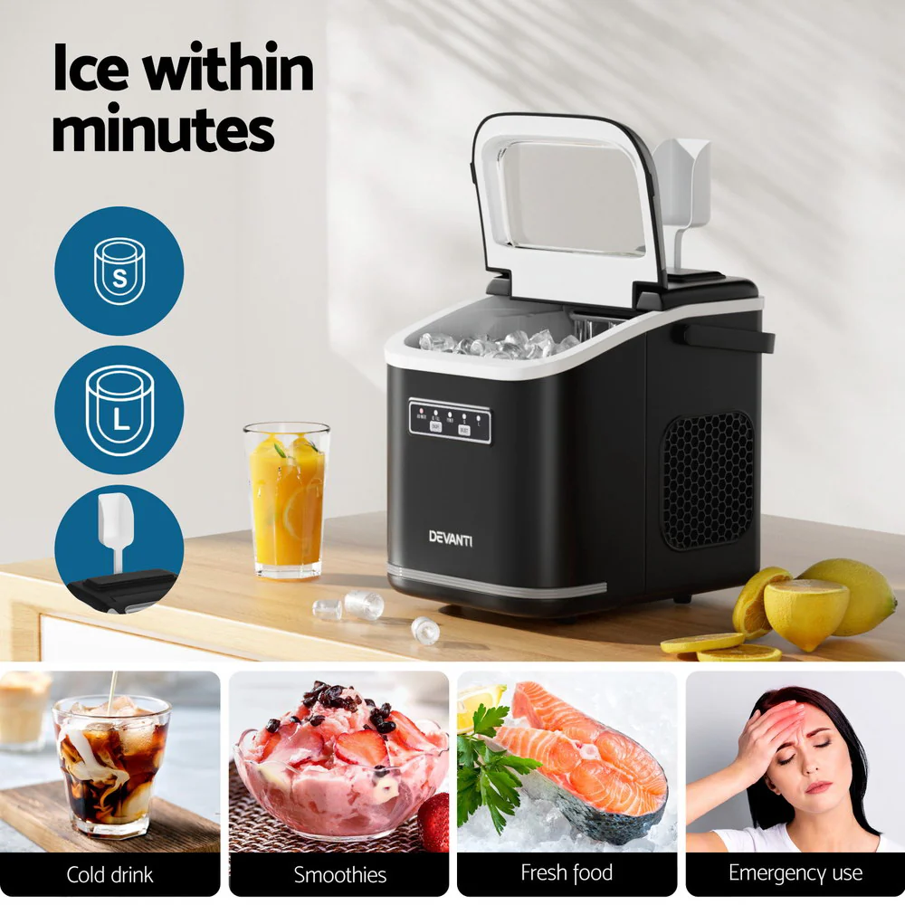 Devanti Ice Maker Machine Portable 12kg Countertop with Self-cleaning 1.3L (Black) - Image 4