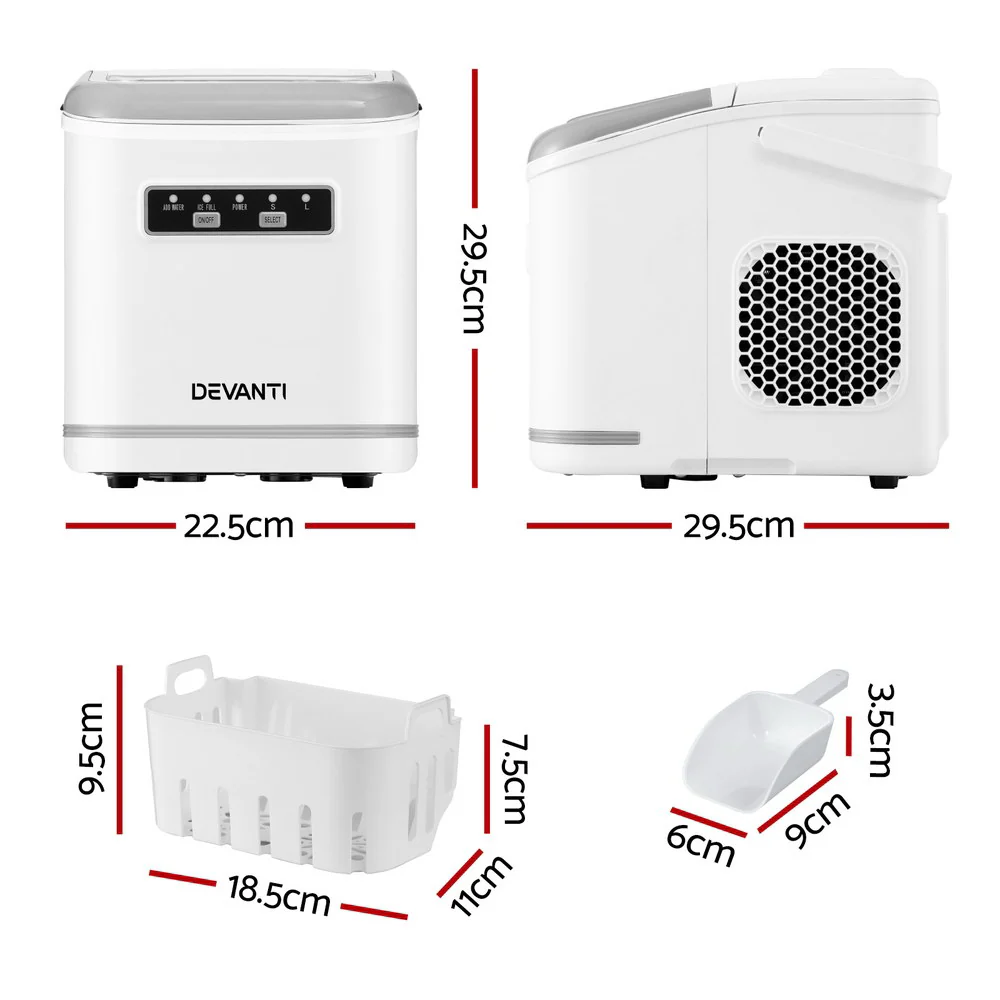 Devanti Ice Maker Machine Portable 12kg Countertop with Self-cleaning 1.3L (White) - Image 2