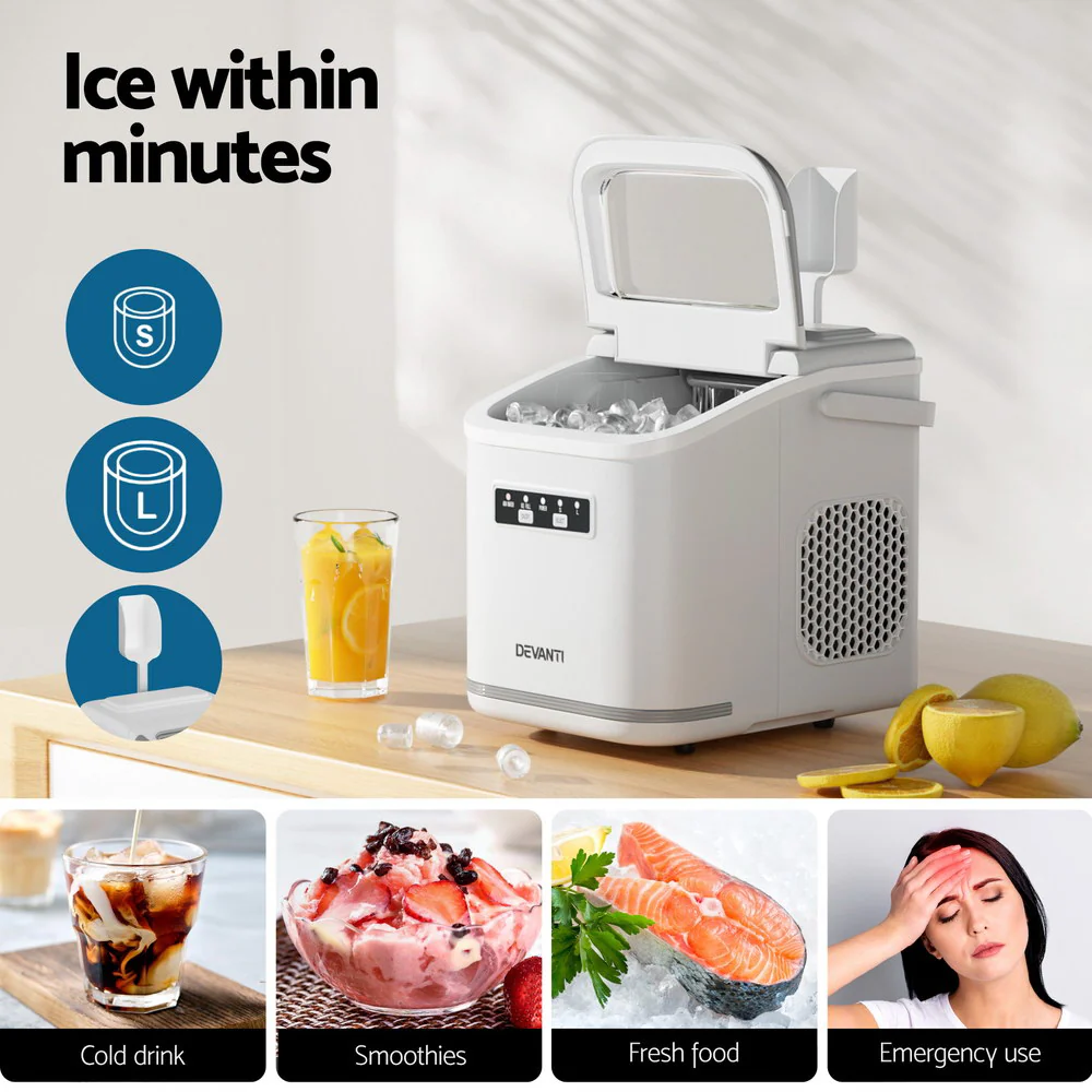 Devanti Ice Maker Machine Portable 12kg Countertop with Self-cleaning 1.3L (White) - Image 4