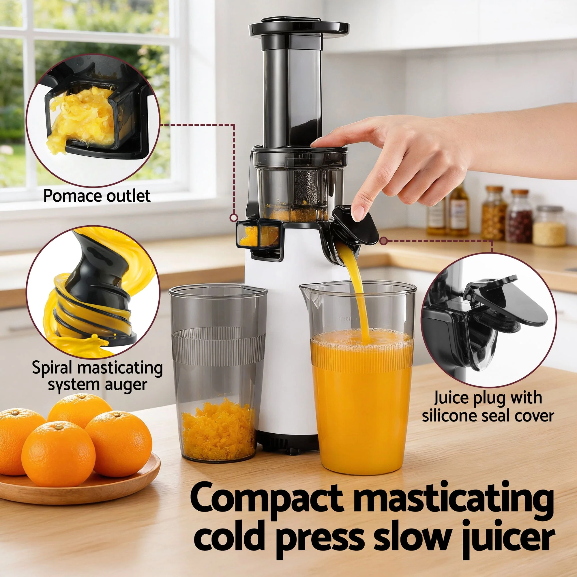 Devanti Slow Juicer Cold Press Fruit Juice Extractor 130W (White) - Image 4