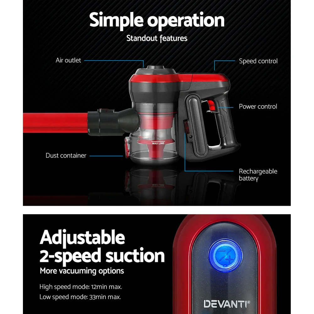 Devanti Stick Vacuum Cleaner Brushless Cordless 250W (Red) - Image 4
