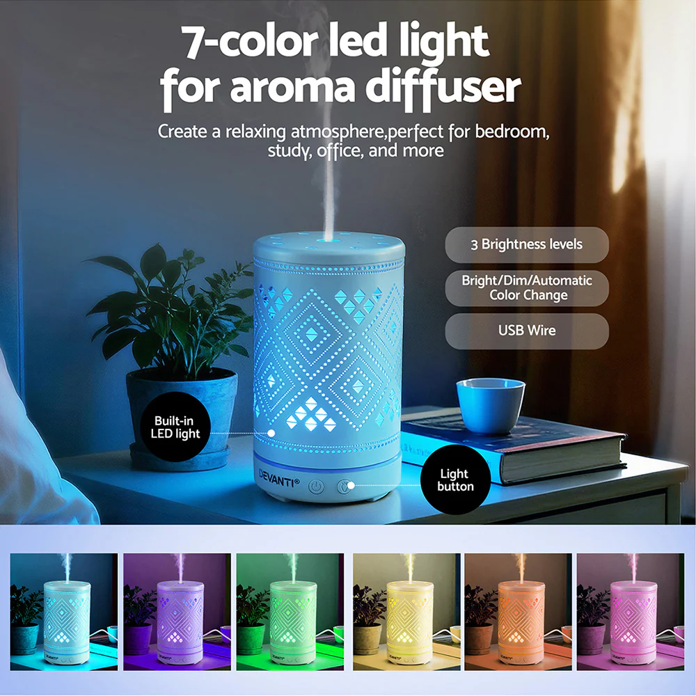 Devanti Ultrasonic Aroma Diffuser Aromatherapy 100ml LED Lights Iron Humidifier Forest - Image 6