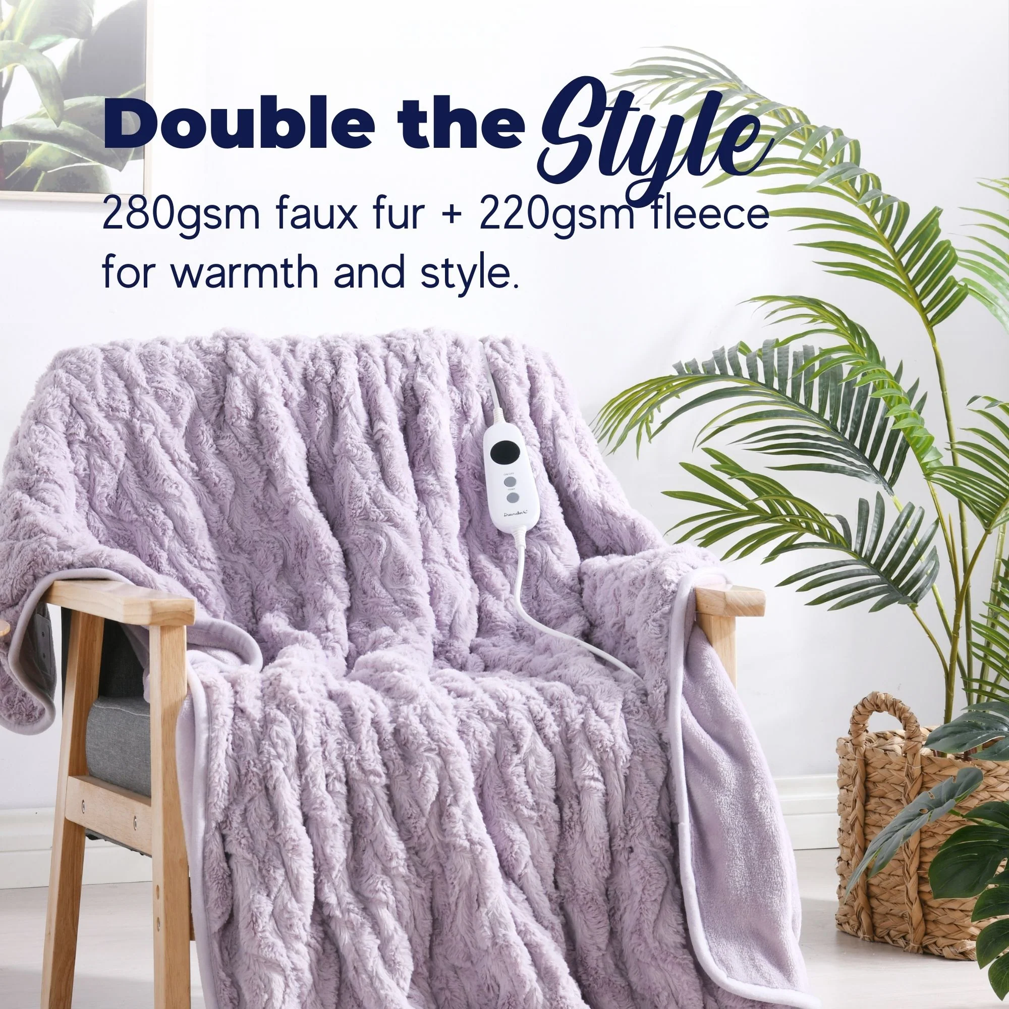 Dreamaker 500gsm Faux Fur Electric Heated Throw Blanket [130x160cm] (Lavender) - Image 3