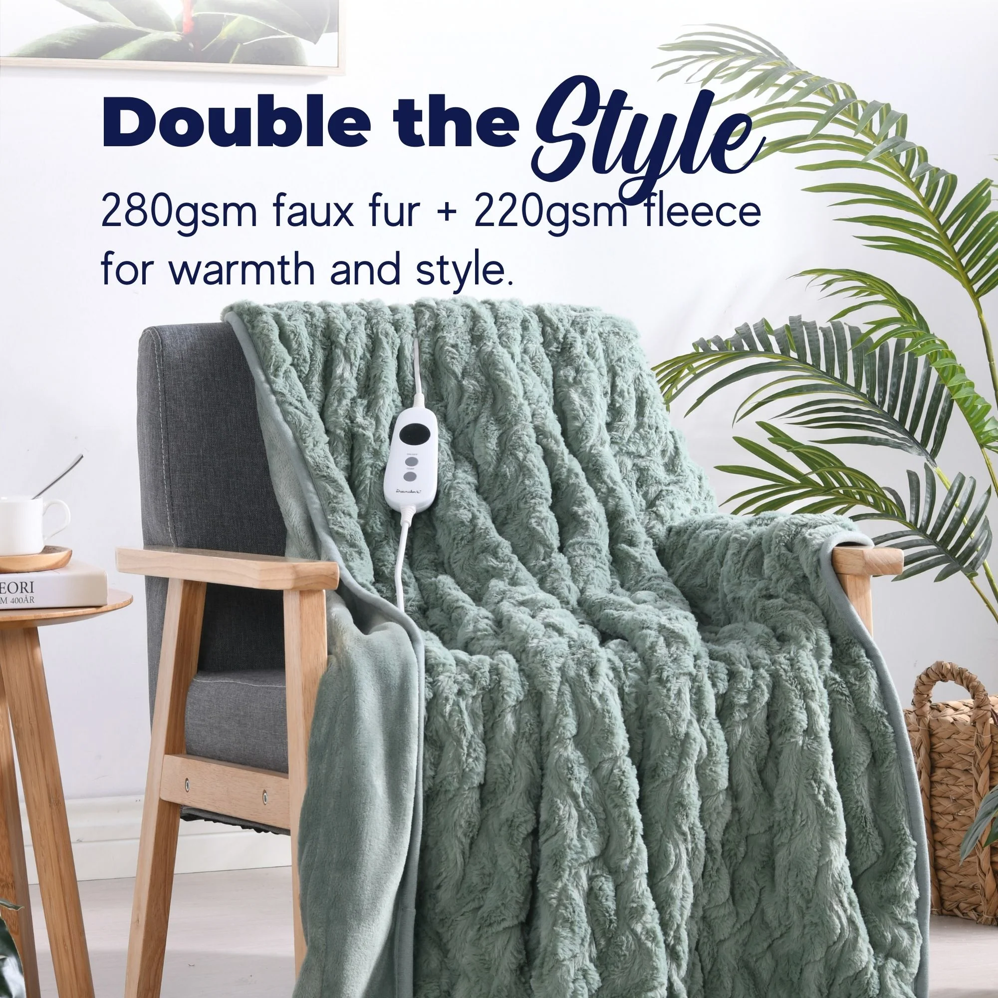 Dreamaker 500gsm Faux Fur Electric Heated Throw Blanket [130x160cm] (Leaf) - Image 3