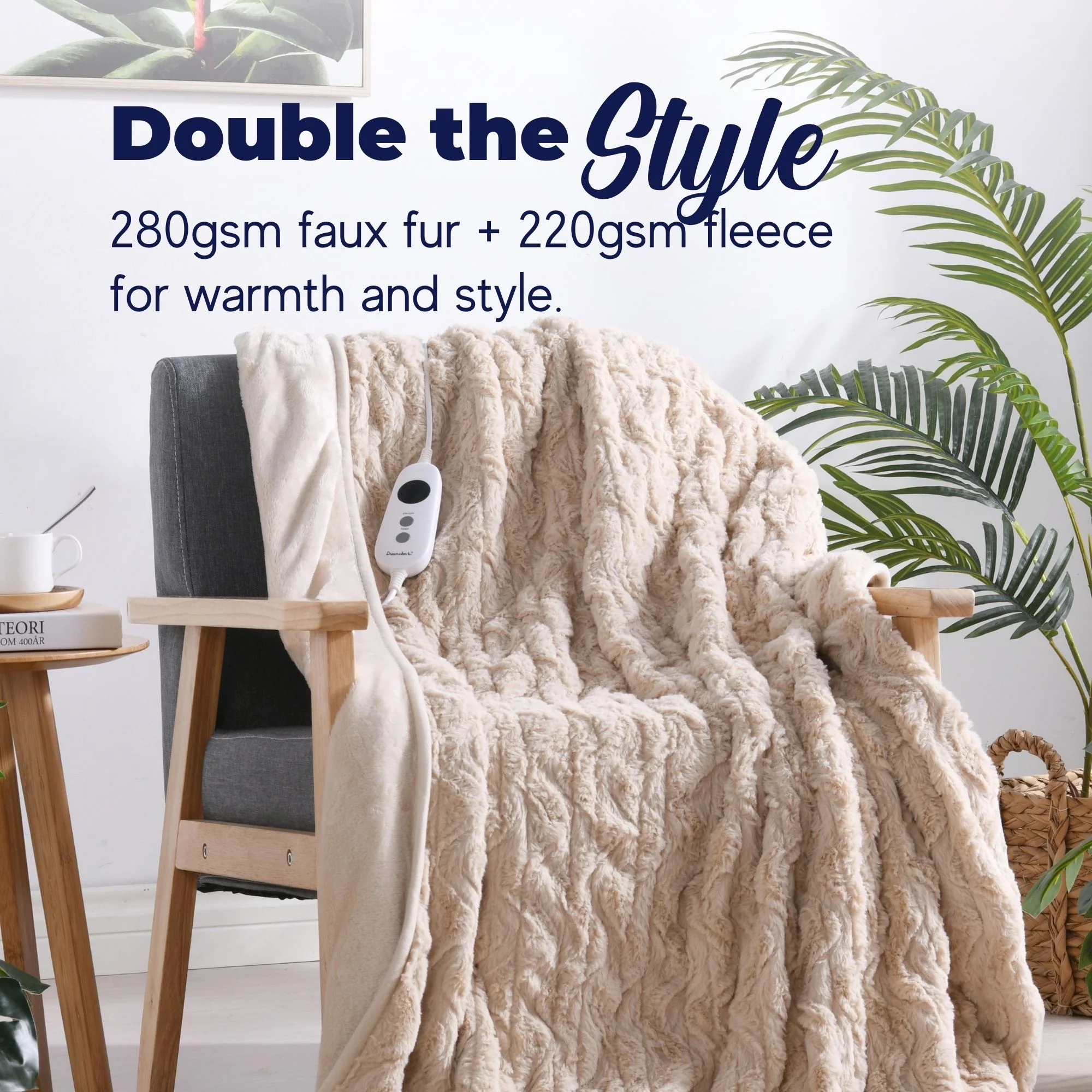 Dreamaker 500gsm Faux Fur Electric Heated Throw Blanket [130x160cm] (Natural) - Image 3