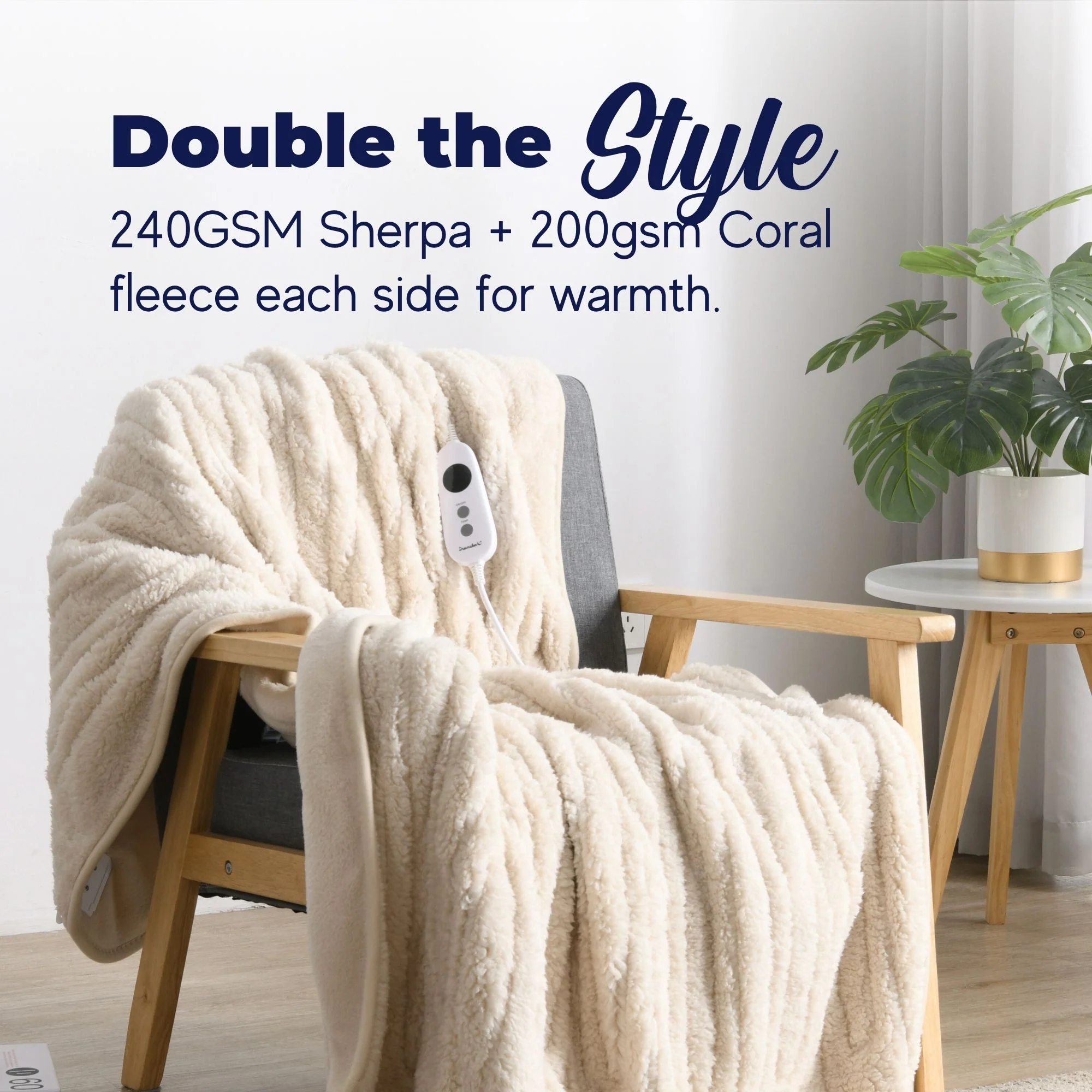 Dreamaker Reversible Sherpa & Coral Fleece Electric Heated Throw Blanket [130x160cm] (Cream) - Image 3