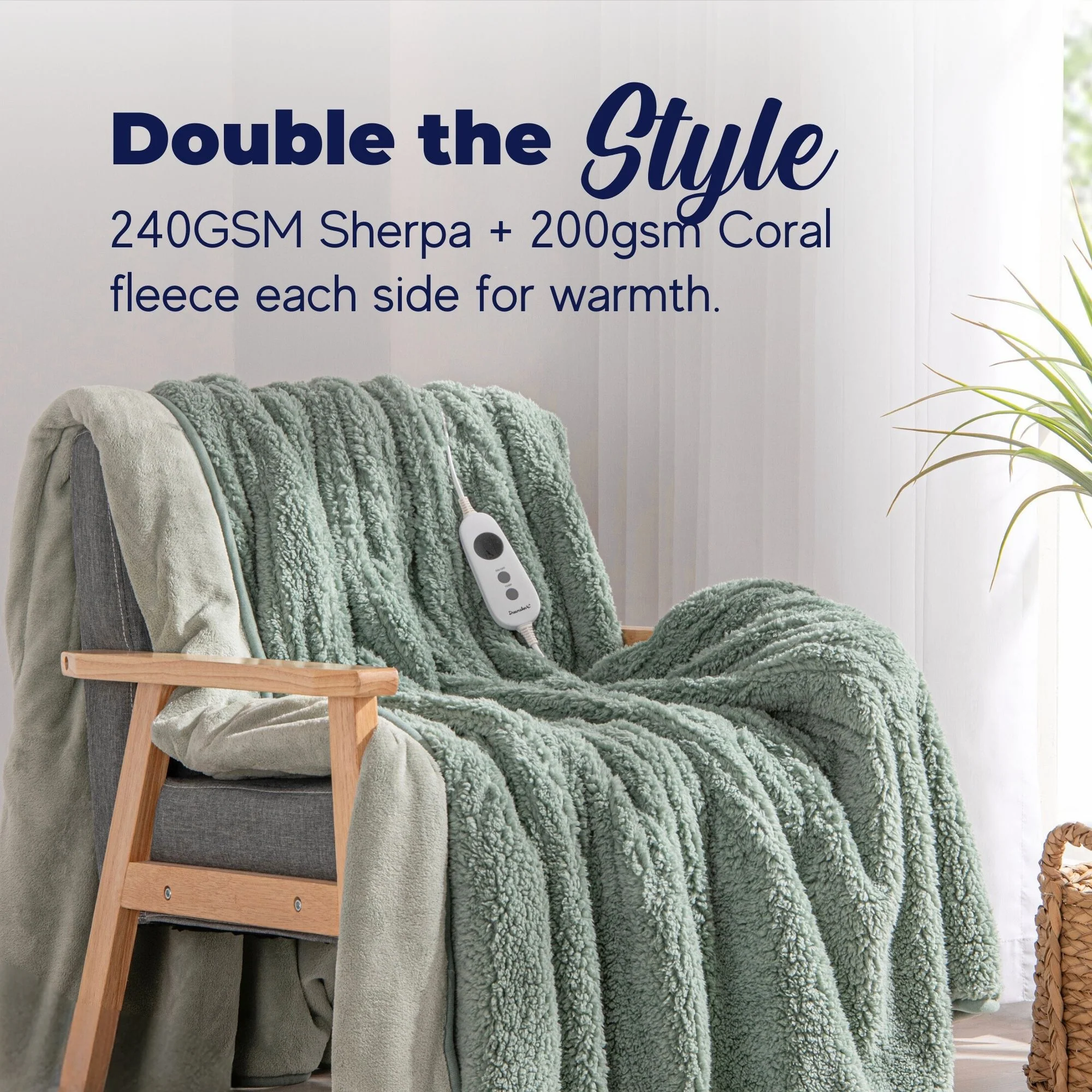 Dreamaker Reversible Sherpa & Coral Fleece Electric Heated Throw Blanket [130x160cm] (Olive/Sage) - Image 3