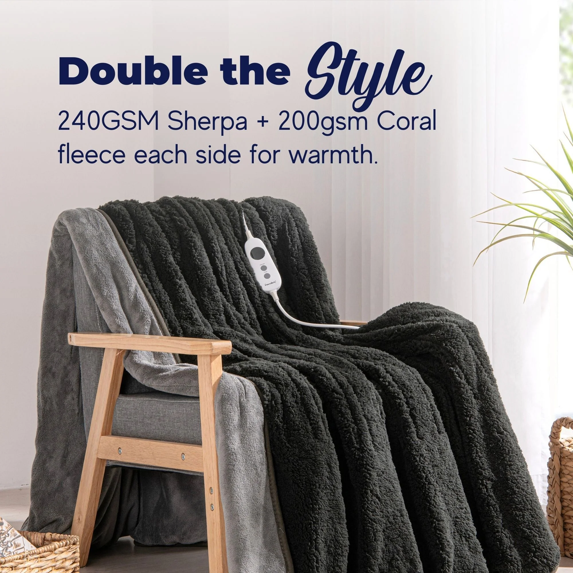 Dreamaker Reversible Sherpa & Coral Fleece Electric Heated Throw Blanket [180x200cm] (Charcoal/Silver) - Image 3