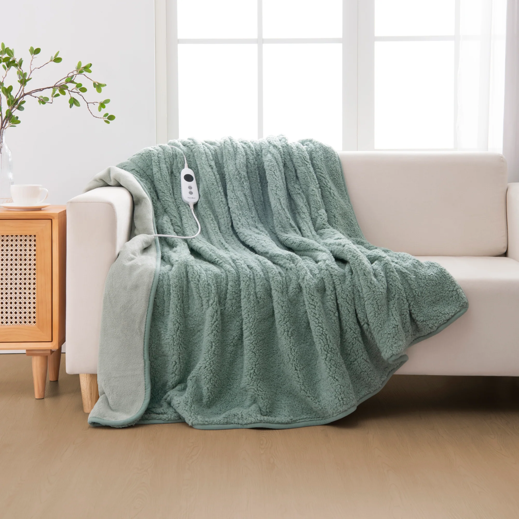 Dreamaker Reversible Sherpa & Coral Fleece Electric Heated Throw Blanket [180x200cm] (Olive/Sage) - Image 2