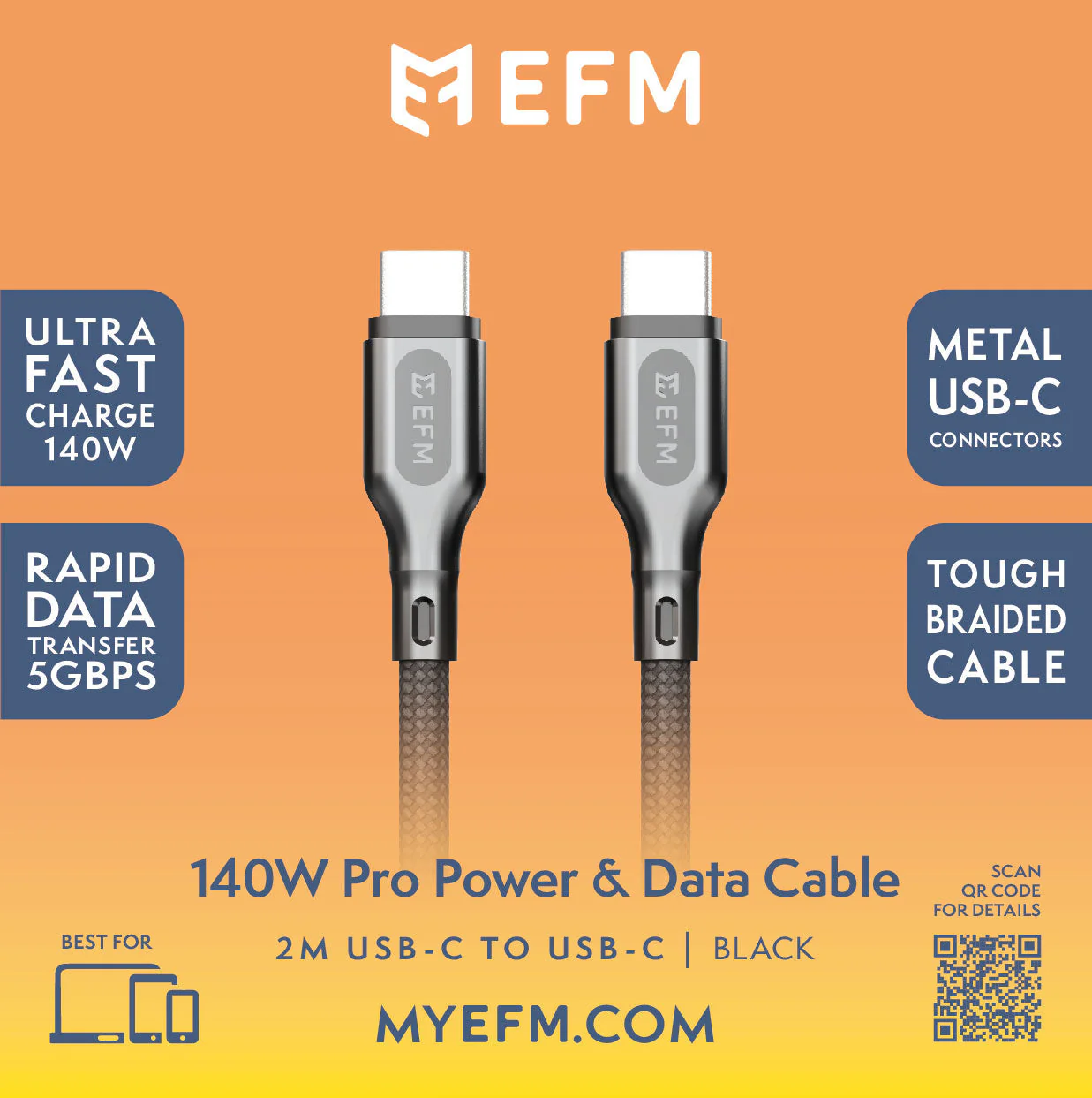 EFM 140W Pro Power and Data USB-C Cable - With 2M Braided Cable - Black - Image 6