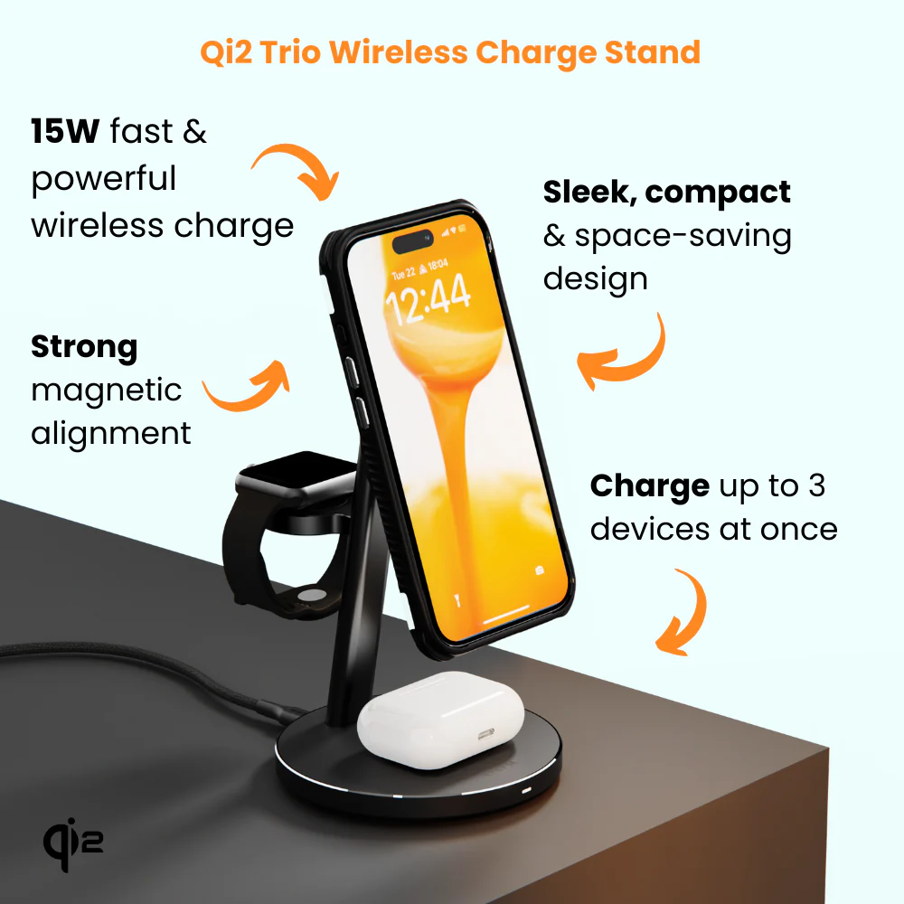 EFM Qi2 Trio Wireless Charge Stand with 5W MFi Apple Watch Charger Pad (Black) - Image 2