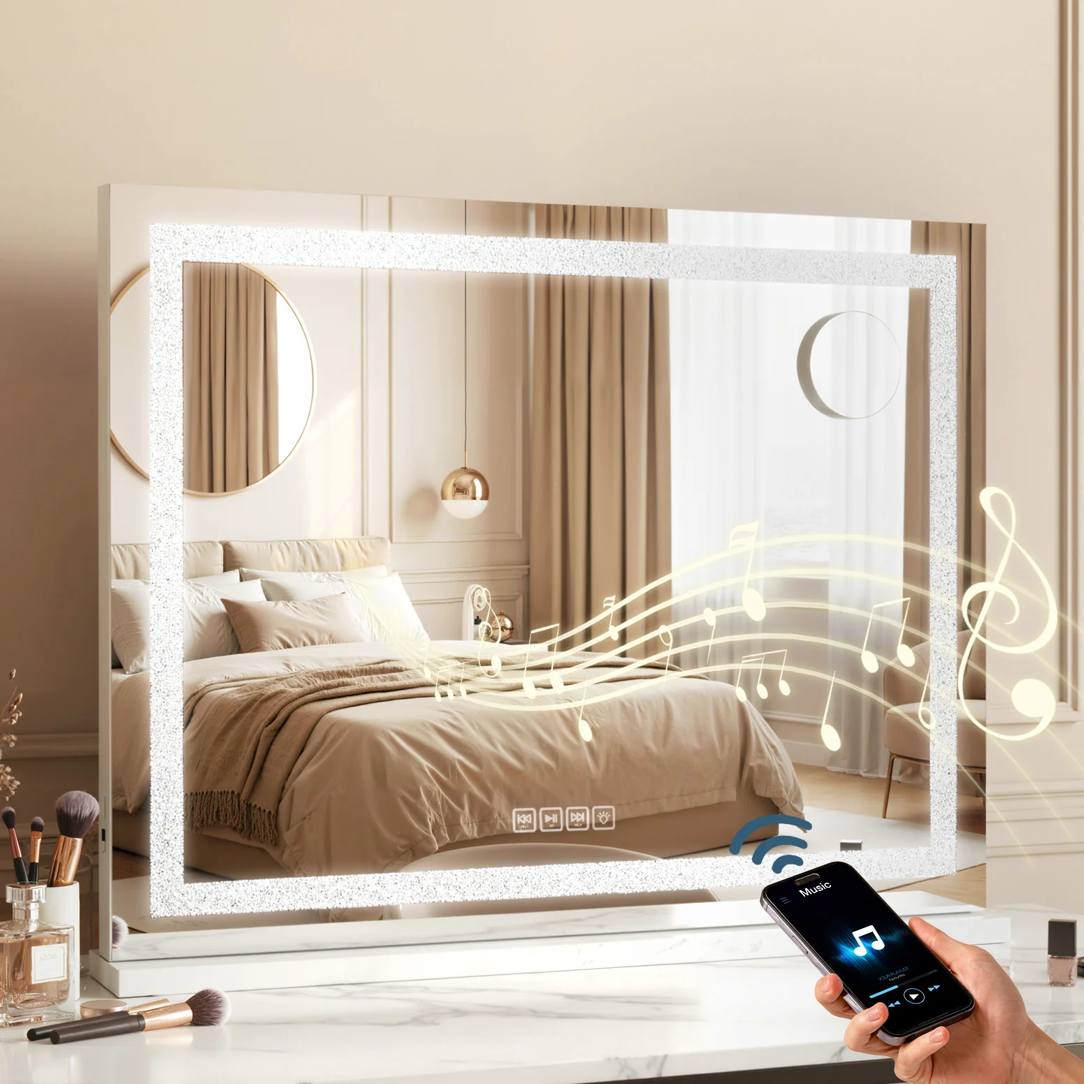 Embellir Bluetooth Makeup Mirror 80x58cm Hollywood Vanity with LED Light Crystal - Image 2
