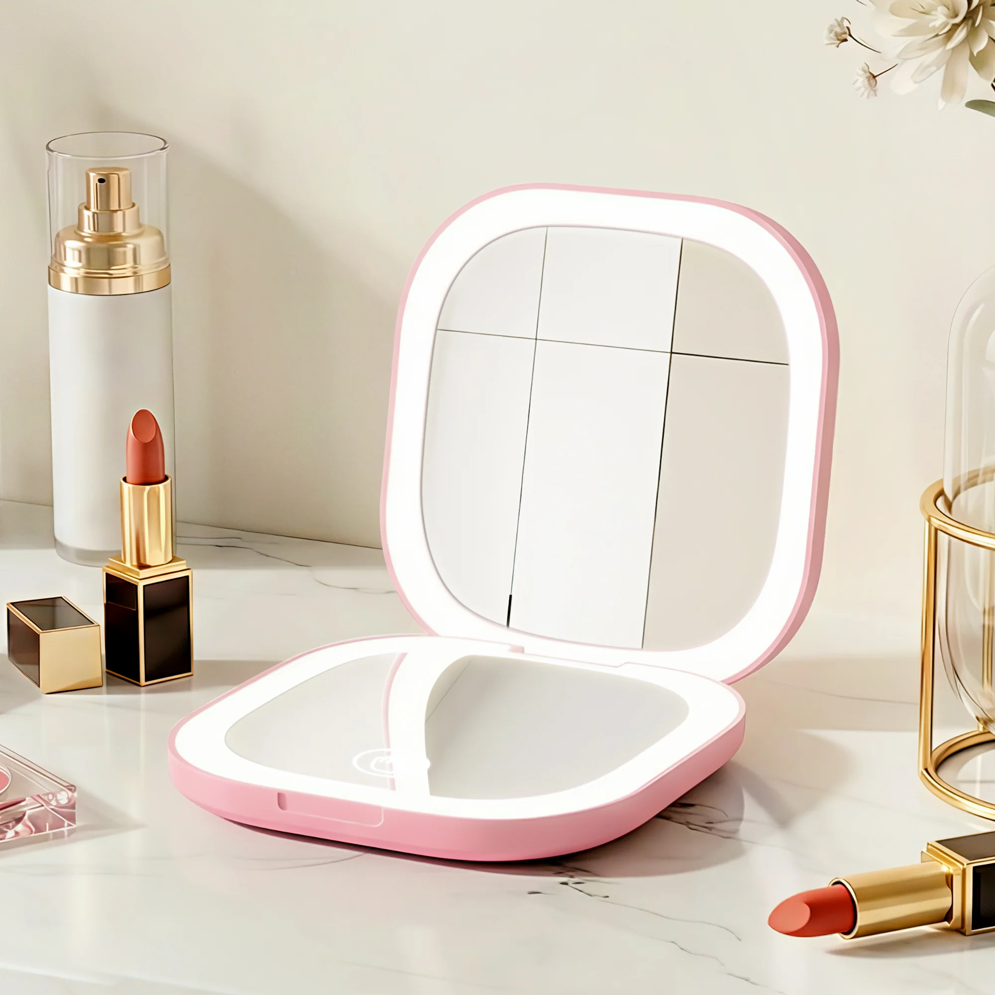 Embellir LED Compact Mirror Lighted Travel Makeup Mirror Pocket-Sized 1x 10x Magnification Square Pink - Image 2