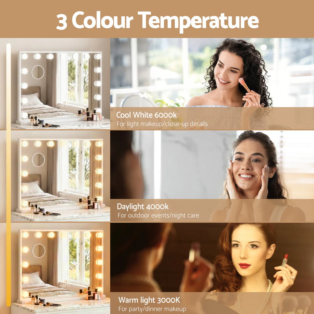 Embellir Makeup Mirror 58x45cm Hollywood Vanity with LED Light Tabletop White - Image 5