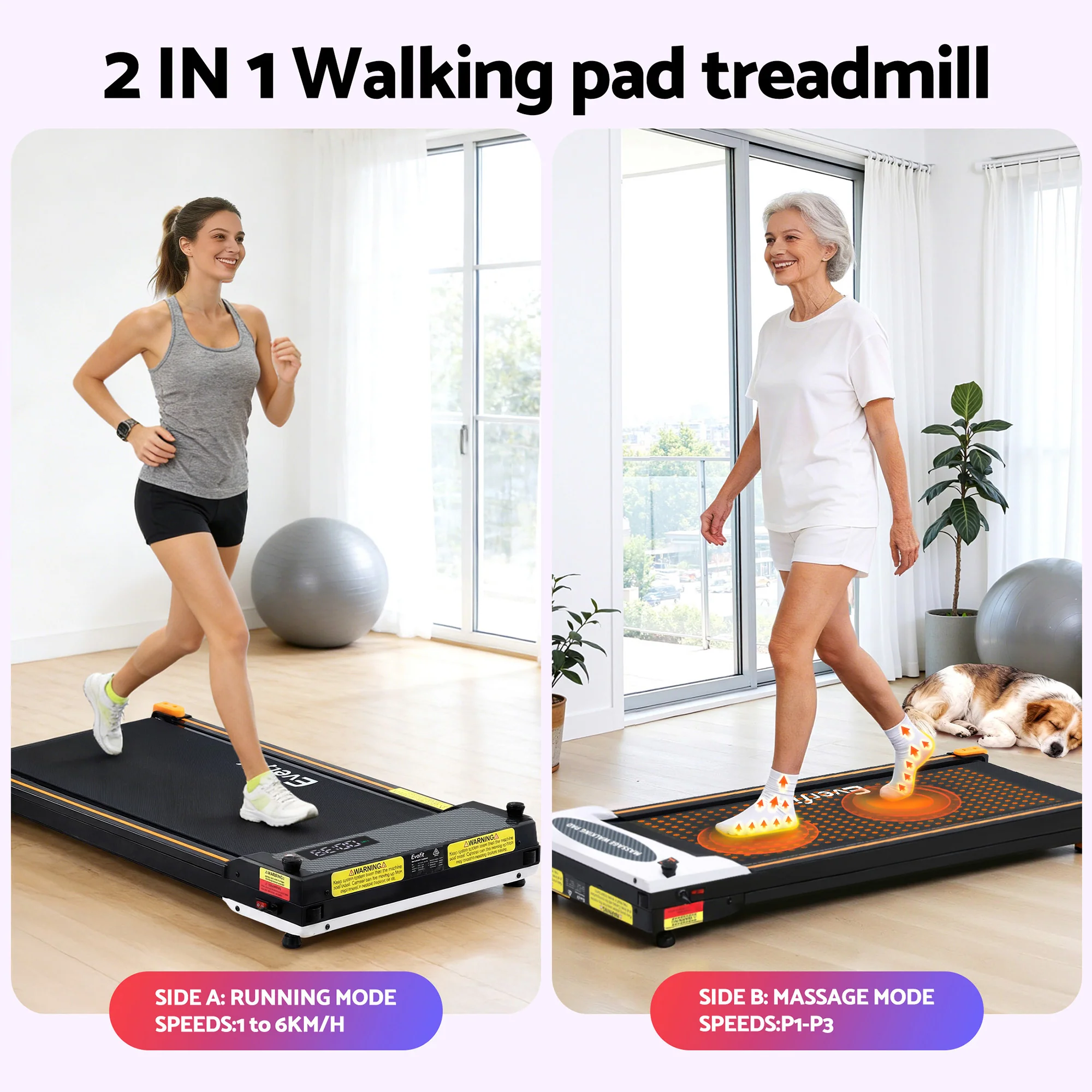 Everfit 2 Side Walking Pad Treadmill with Massage Function Fitness 380mm Black - Image 6