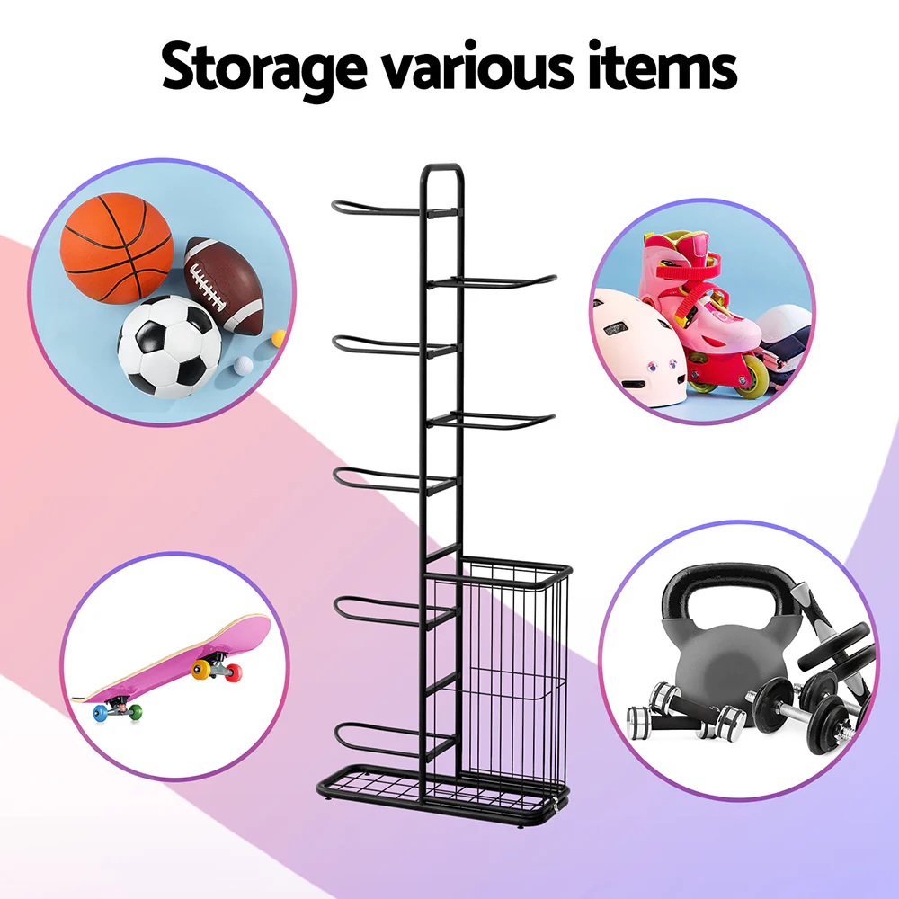 Everfit Ball Storage Rack Sports Equipment Organizer 7-Tier with Basket for Garage Gym Black - Image 6