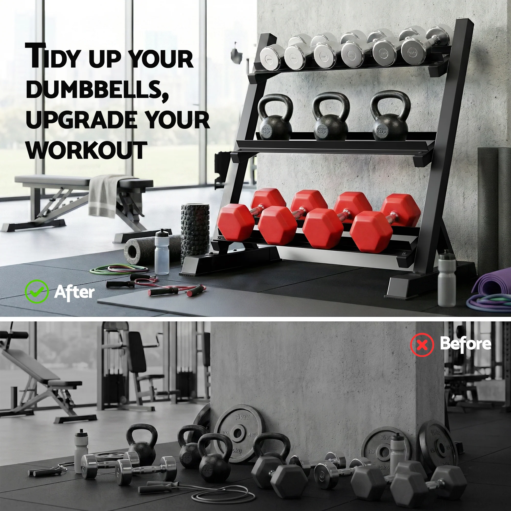 Everfit Dumbbell Rack 3-Tier Heavy Duty Weight Storage for Home Gym 300kg Capacity Black - Image 6