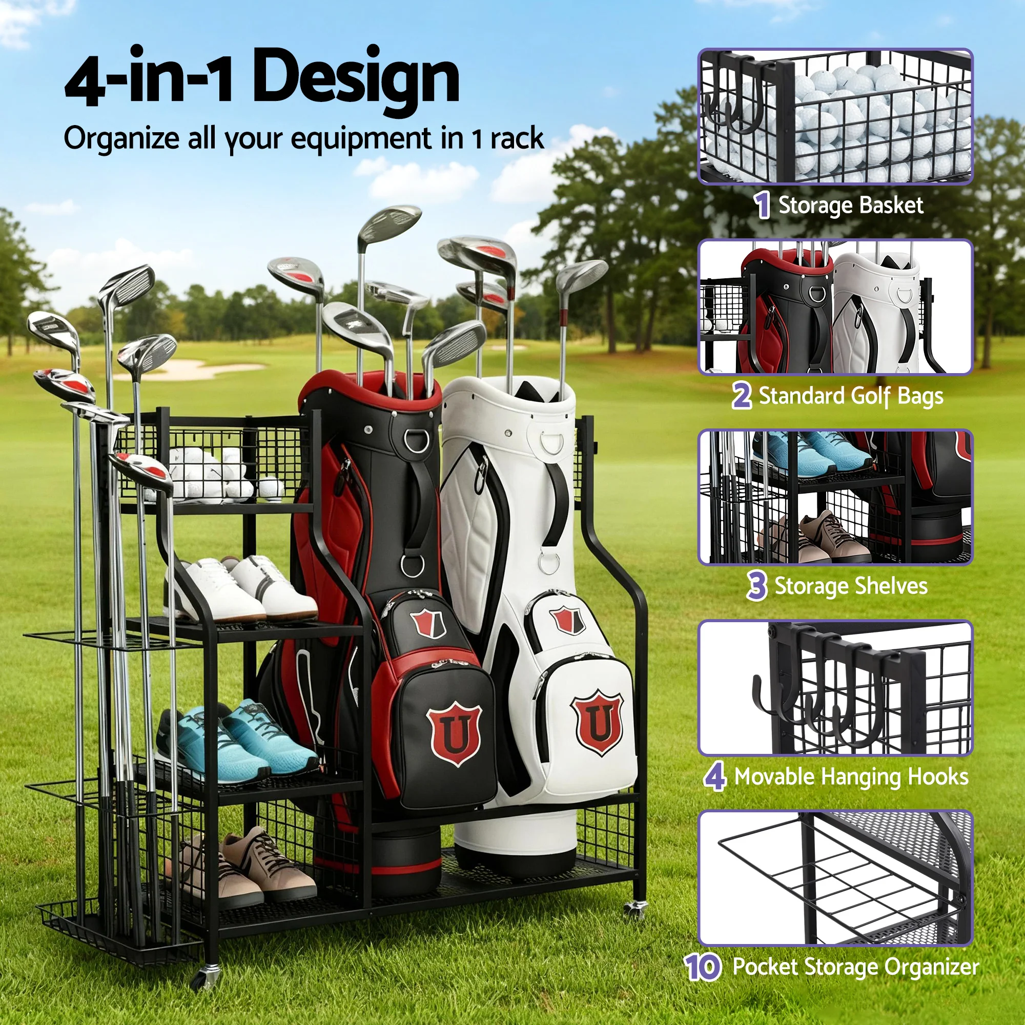 Everfit Golf Bag Storage Golf Storage Garage Organizer with Wheels Black - Image 4