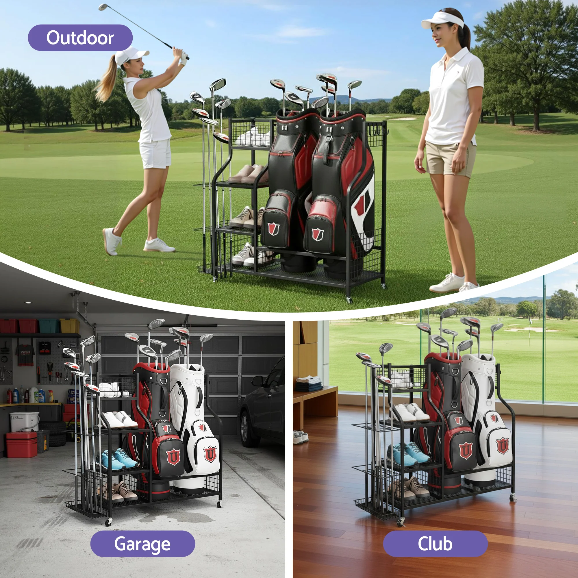 Everfit Golf Bag Storage Golf Storage Garage Organizer with Wheels Black - Image 6