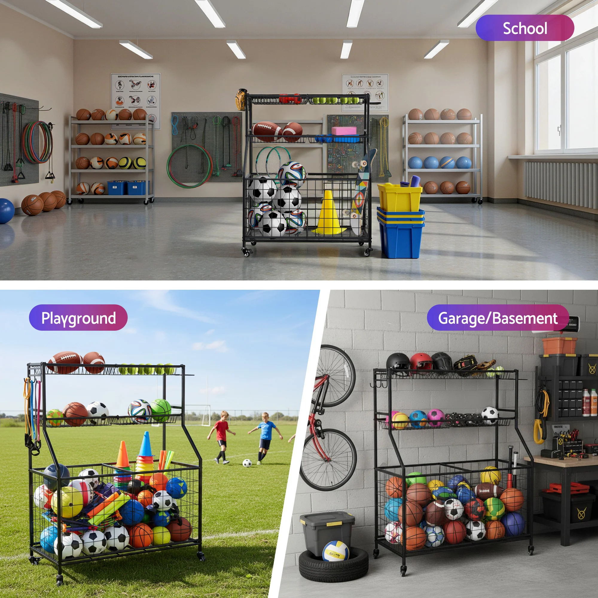 Everfit Sports Equipment Organizer Storage with Wheels Multi-Sport Garage Gym Black - Image 7
