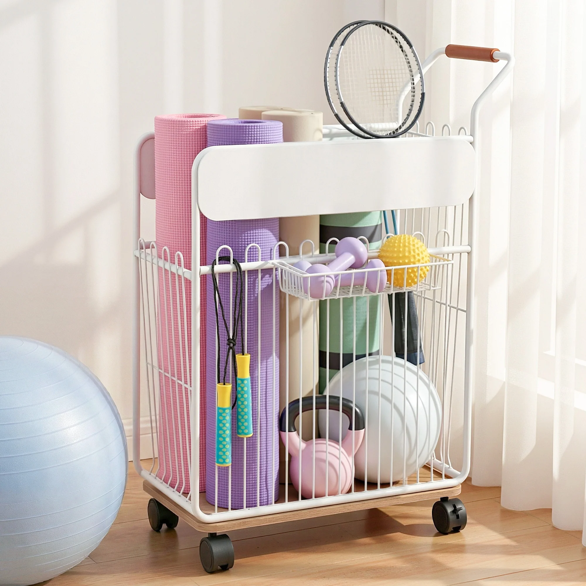 Everfit Yoga Mat Storage Rack Mobile Holder with Wheels Basket Home Gym Storage Organizer White - Image 2