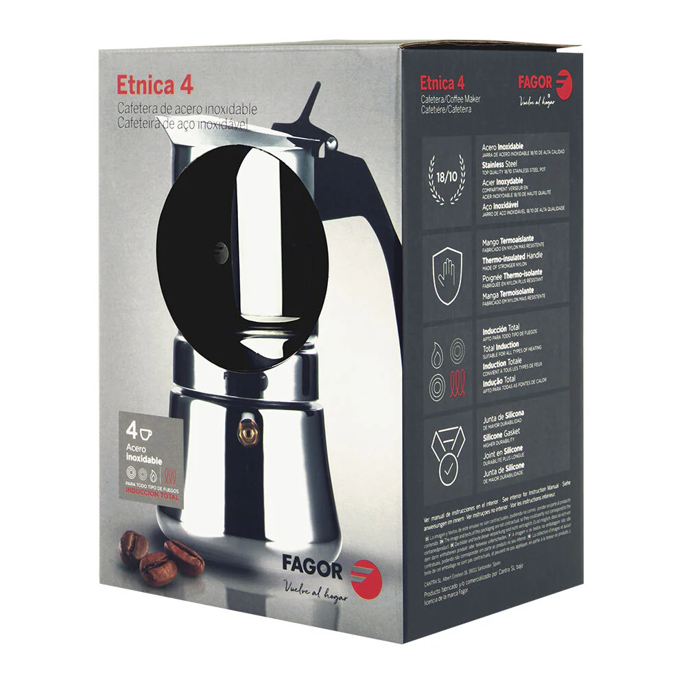 Fagor Etnica Stainless Steel 4 Cups Espresso Coffee Maker Moka Pot Silver - Image 2